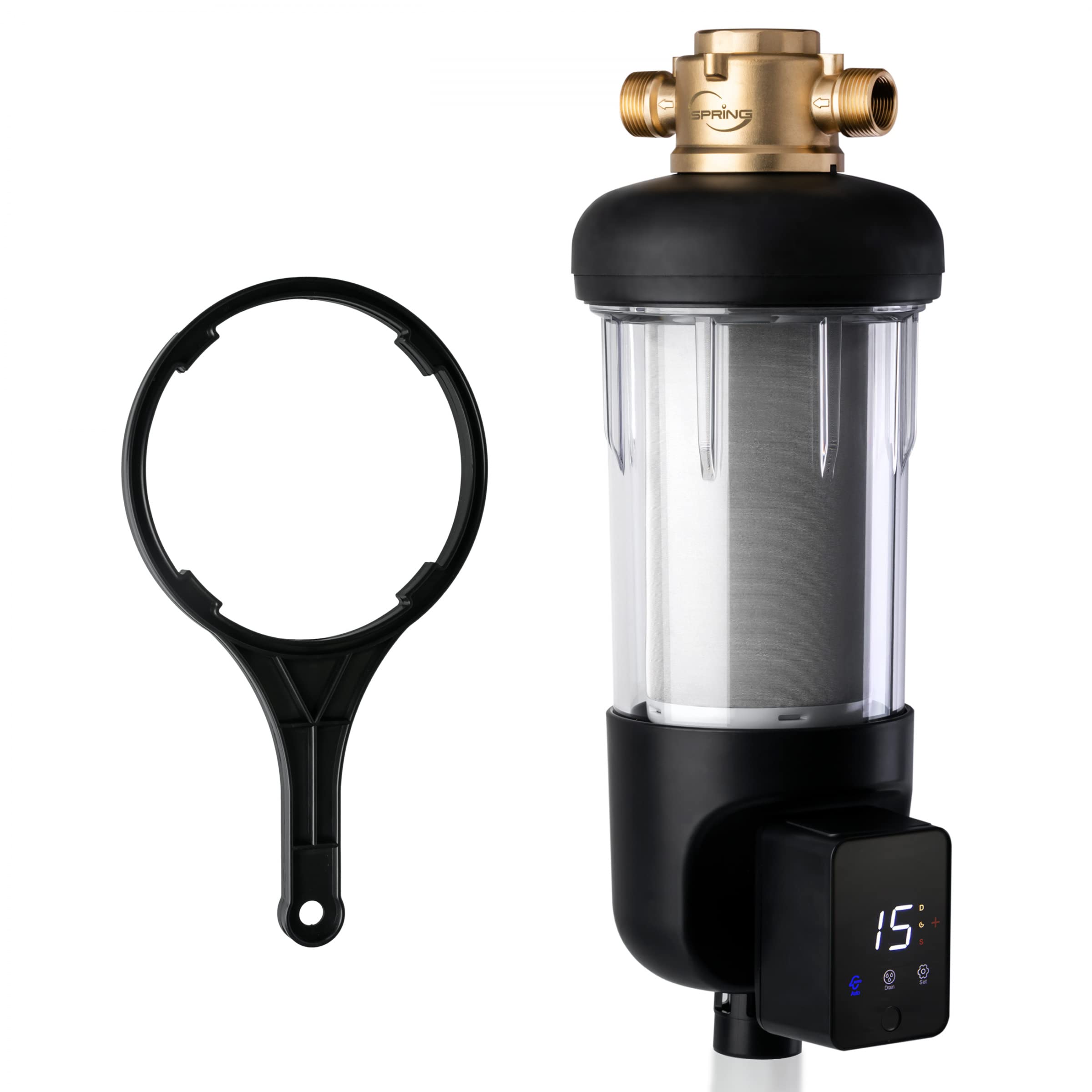 iSpring WSP50ARJ, NSF Certified, Spin-Down Sediment Water Filter, Upgraded Jumbo Size, Large Capacity, Reusable with Touch-Screen Auto Flushing Module, Brass Top Clear Housing, 50 Microns