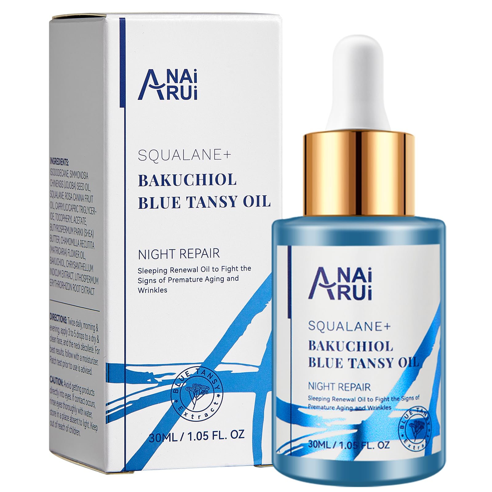 ANAiRUi Bakuchiol Oil - Natural Retinol Alternative, Plant Derived - Face Oil with Blue Tansy, Squalane, Jojoba - Reduces Fine Lines & Wrinkles, Soothes and Hydrates Skin, 30 ml