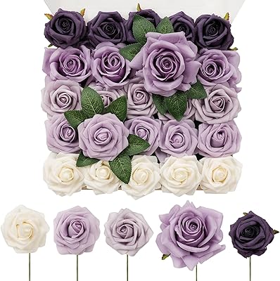 TINGE TIME Artificial Flowers 24pcs Real Looking Silk Flowers Fake Rose with Stems for DIY Wedding Bouquets Purple Bridal Shower Centerpieces Party Decorations (Shades of Purple)