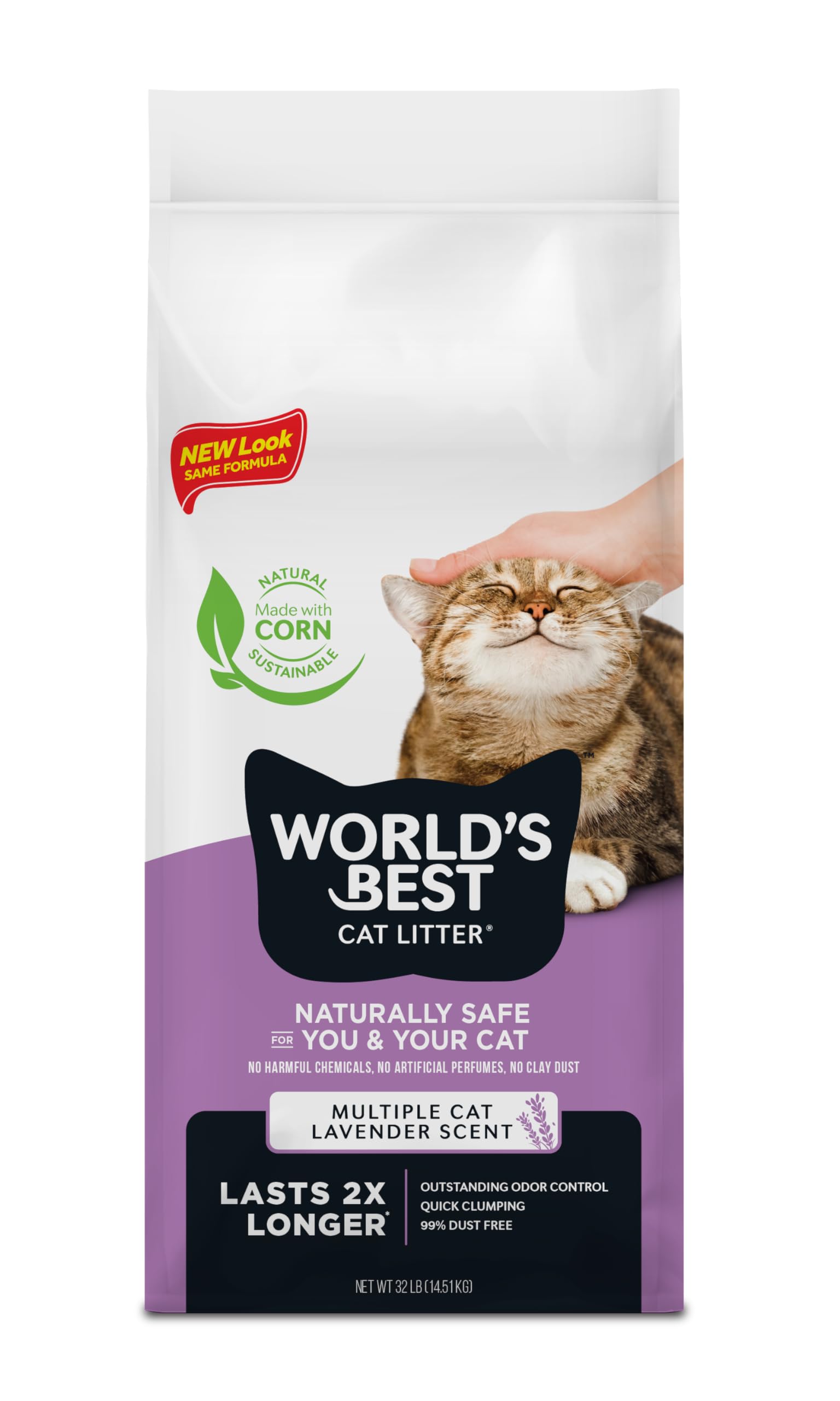 World's Best Cat LitterMultiple Cat Lavender Scented 32-Pounds - Natural Ingredients, Quick Clumping, Flushable, 99% Dust Free & Made in USA - Calming Fragrance & Long-Lasting Odor Control