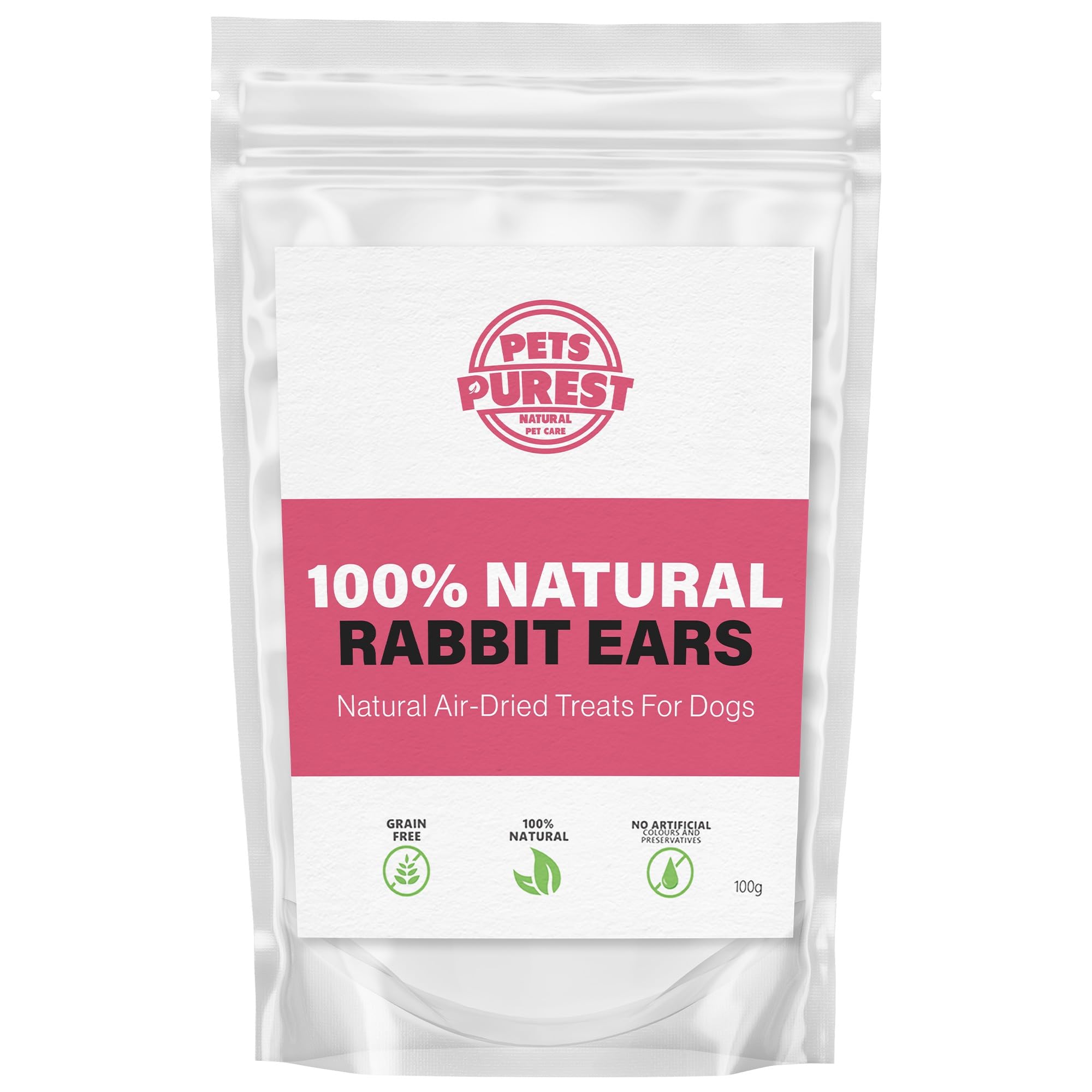 Pets Purest Rabbit Ears with Fur for Dogs, Puppy & Senior - 100% Natural Air Dried Dog Treat Chews for Raw Dog Food & Low Fat Healthy Hypoallergenic Grain Free Diets - 100g