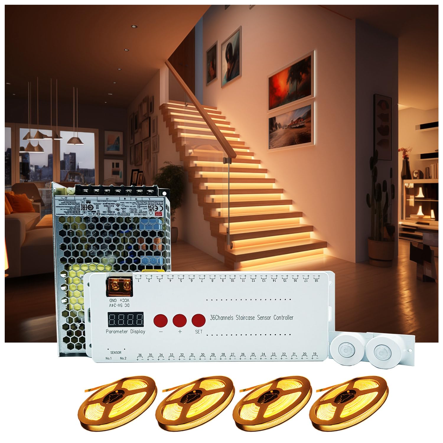 AUTUNEER LED Stair Lights Indoor, Motion Sensor Activated Step Lights 20 Steps 20 to 60 Inch Multiple Lighting Effects Under Stair Lights for Staircase (3000K Warm White Stairway Lighting)