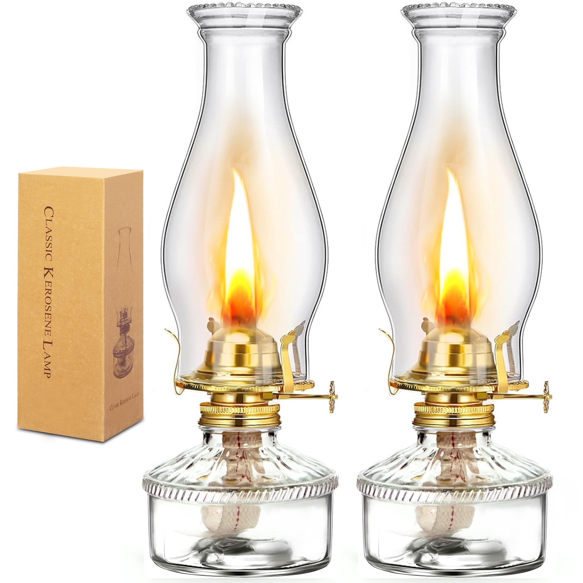 WEERSHUN 2 Pieces Oil Lamps for Indoor Use Hurricane Lamp Kerosene Lantern Vintage Emergency Large Decorative Classic with Adjustable Fire Wick for Home Indoor Use,13.2 Inch Height(Clear)