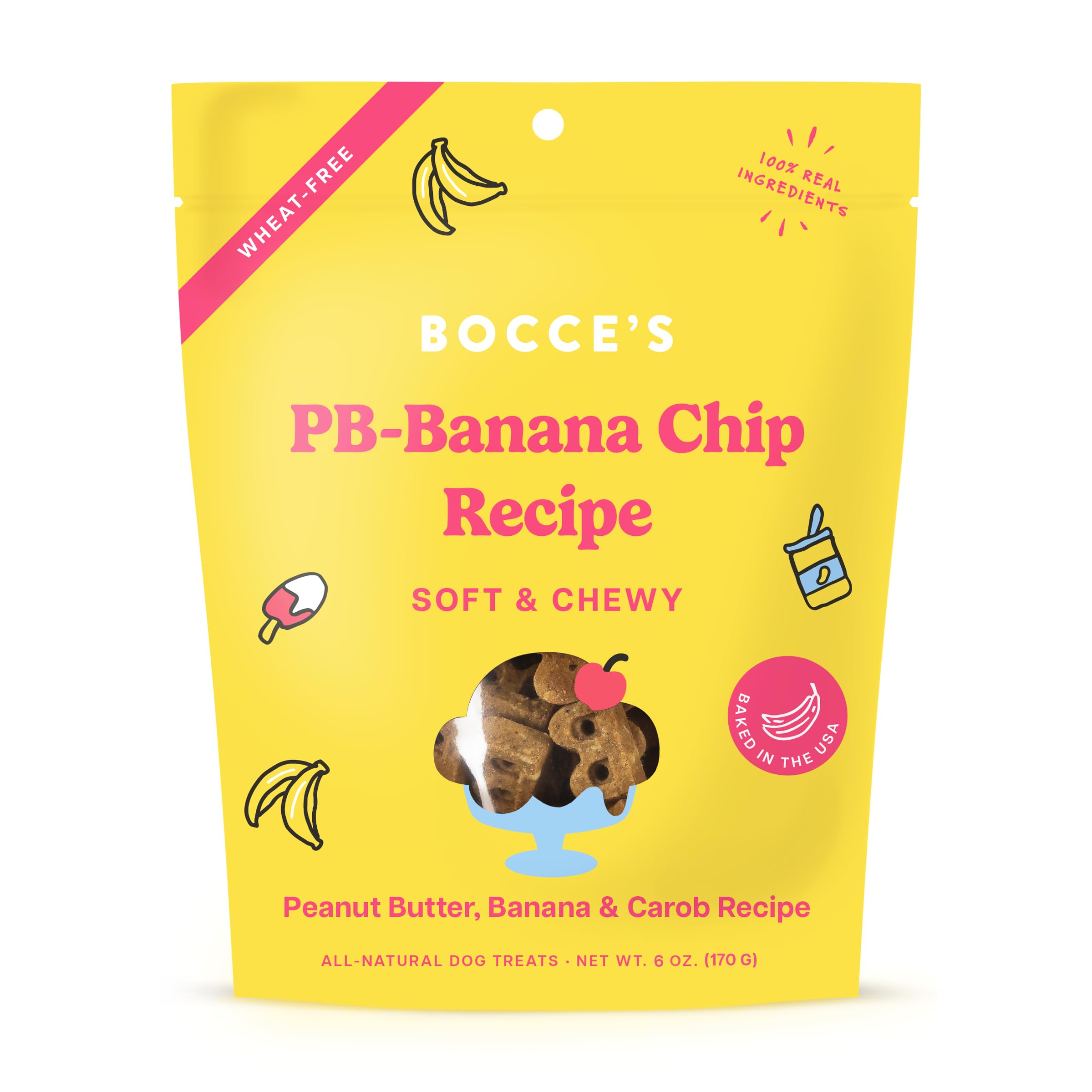 Bocce's Bakery PB Banana Chip Recipe Treats for Dogs, Wheat-Free Everyday Dog Treats, Real Ingredients, Baked in The USA, All-Natural Soft & Chewy Cookies, Peanut Butter, Bananas, & Carob, 6 oz