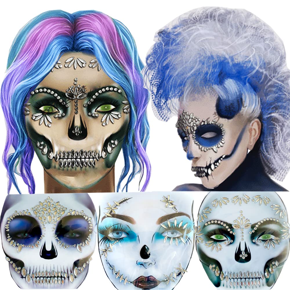 Day of the Dead Face Jewels Tattoo, Jack-O-Lantern Temporary Face Tattoos, Rhinestone Face Jewels Tattoo Stickers for Men Women Kids Halloween Festival Rave Party Cosplay Makeup