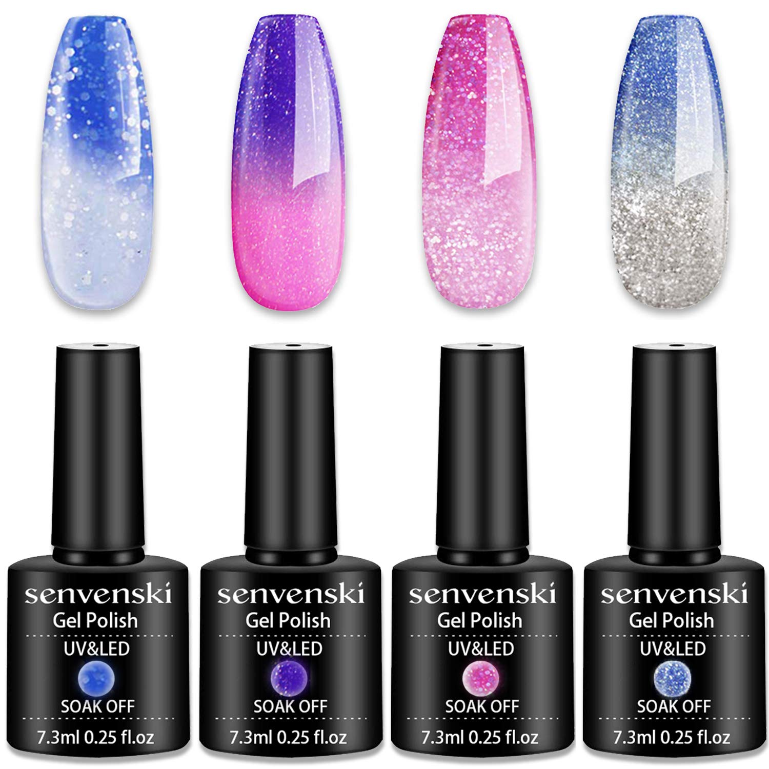 Senvenski Color Changing Gel Nail Polish Blue Pink Purple Glitter Mood Chameleon Thermal Temperature Gift Set UV LED Art Manicure Varnish (WB001)