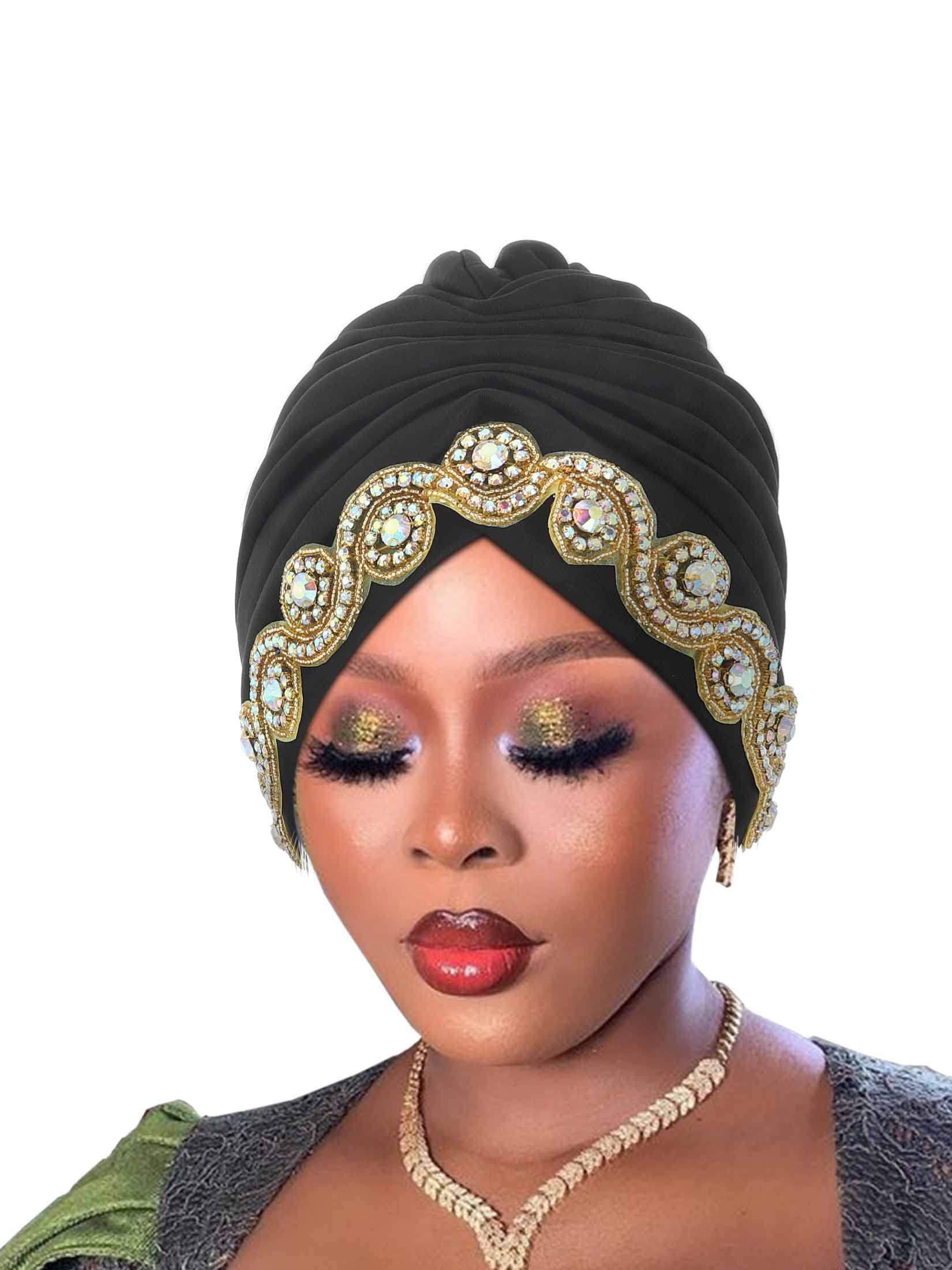 Woeoe Women African Turban Bling Rhinestones Beanie Cap Headwear Pre-Tied Crystal Head Wrap