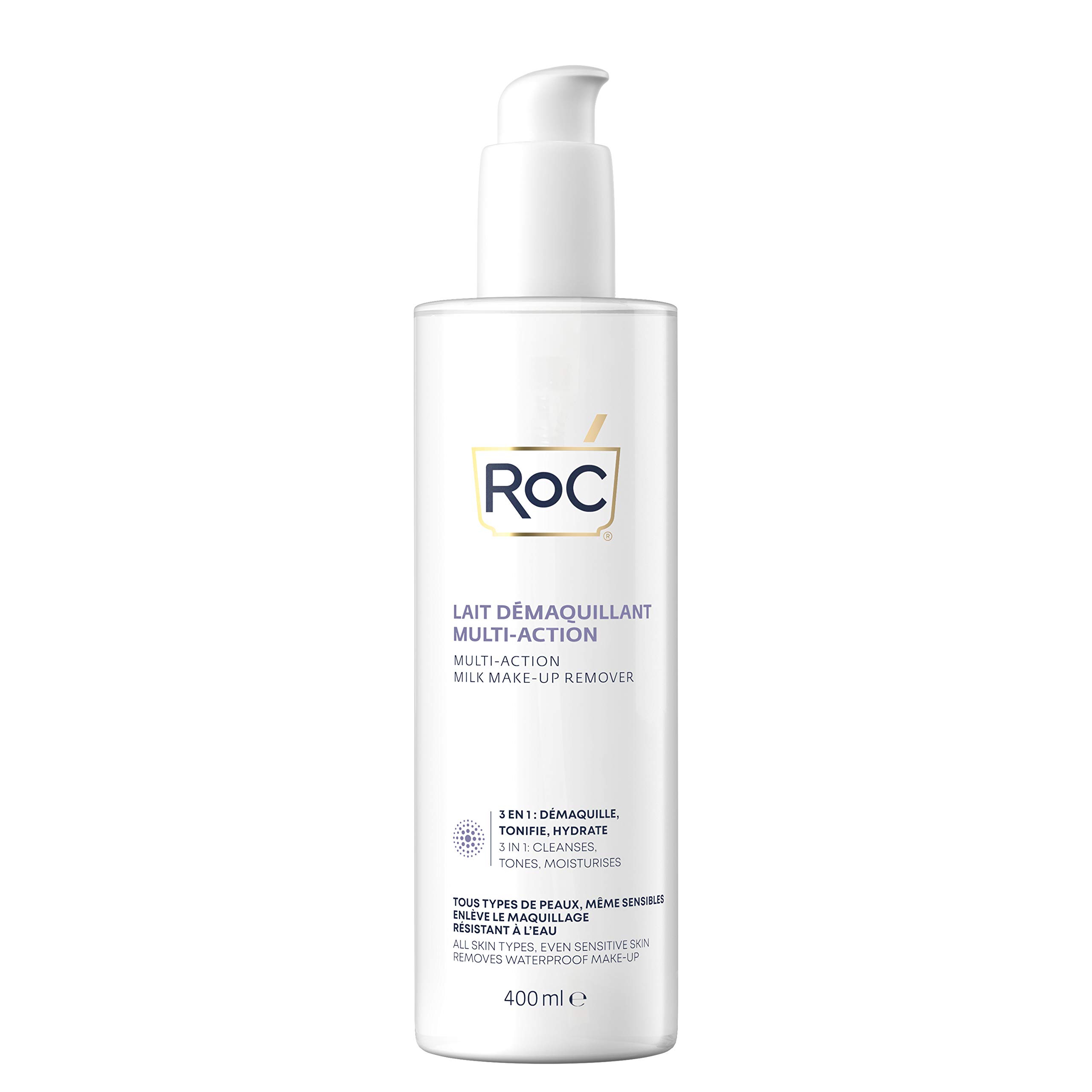 ROC - 3-in-1 Milk Makeup Remover - Effective Makeup Removal - 24-Hour Moisturising Remover - Removes Waterproof Makeup - Skin Toning Solution - Glycerin & Panthenol - All Skin Types - 400 ml