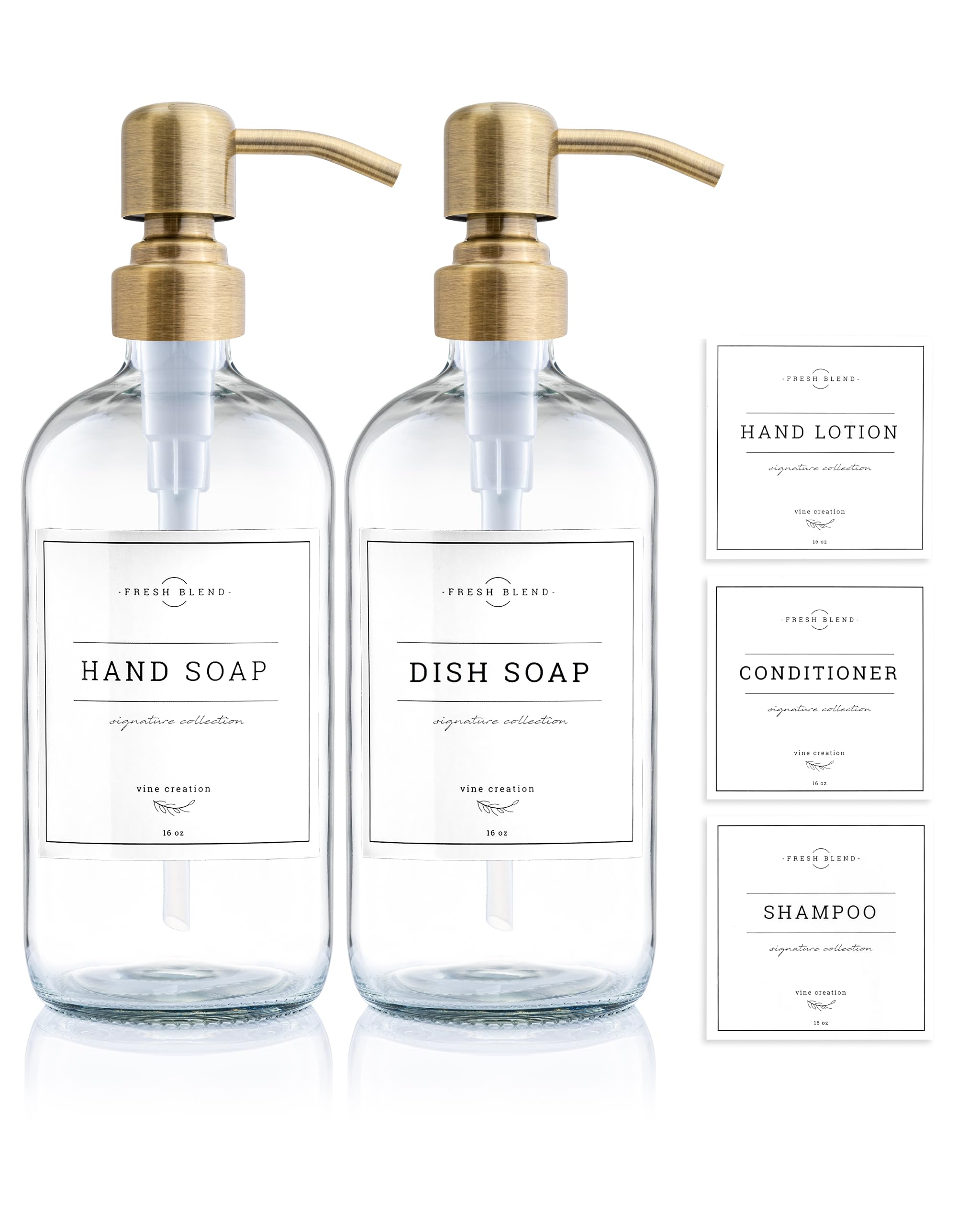 Vine Creations Clear Glass Soap Dispenser 2 Pack, Thick 16oz Bottles Rustproof Stainless Steel Pump, Kitchen Bathroom Accessories, Hand Soap Dish Soap Dispenser, with Waterproof Labels (Brushed Brass)