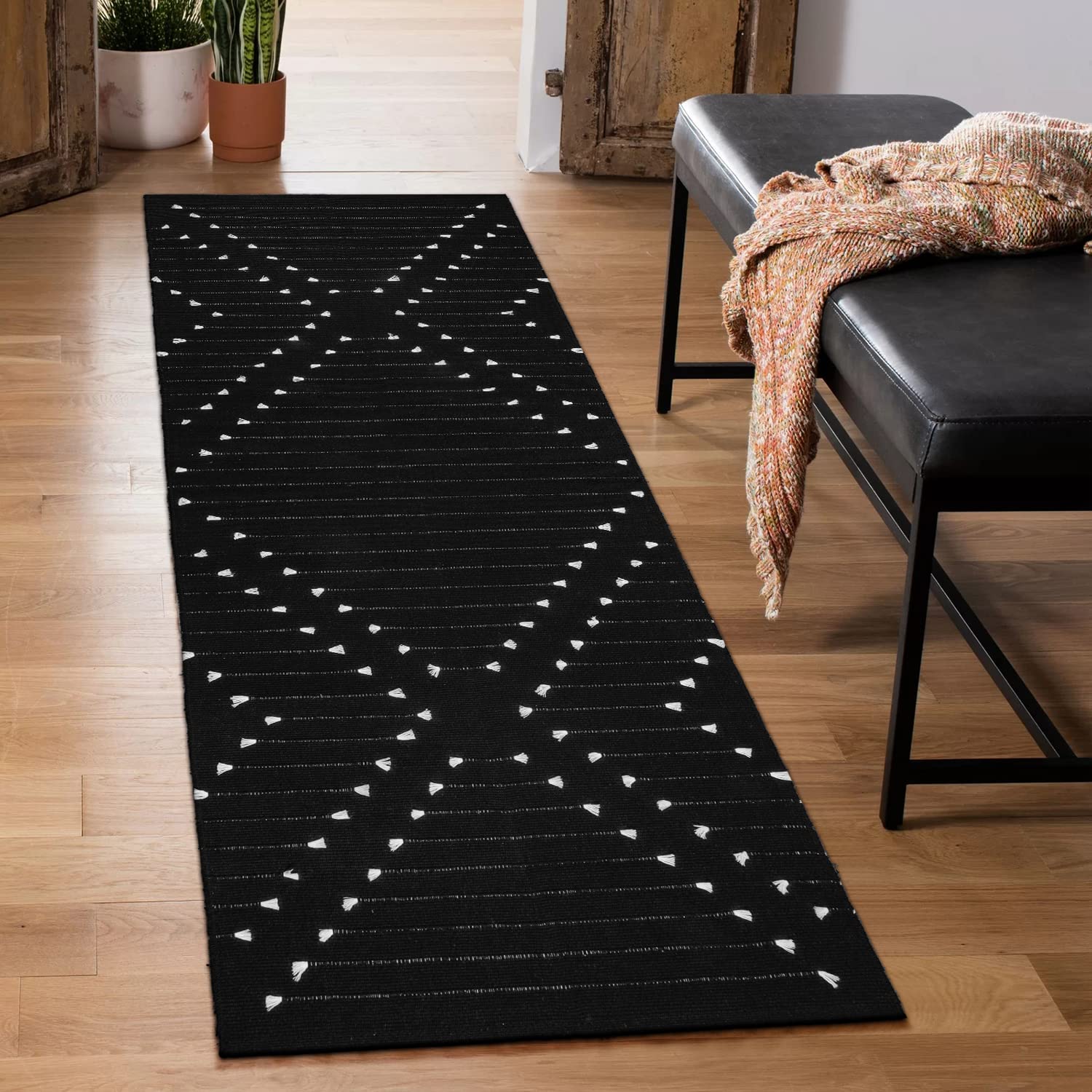 LIVEBOX Black Runner 2'x6' Boho Washable Rug for Hallway, Moroccan Woven Entryway Throw Area Rug Indoor Cotton Mat for Kitchen Laundry Room Bathroom Entry