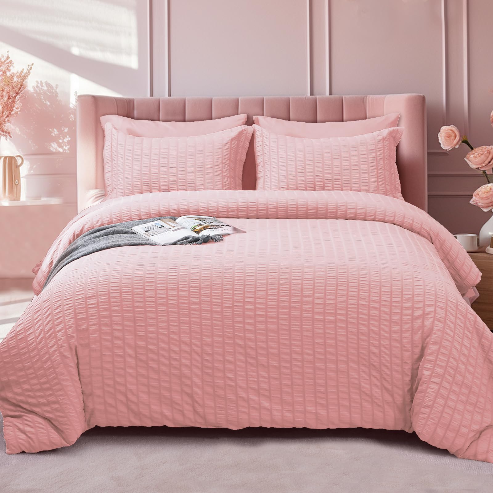 HYMOKEGE Pink Queen Comforter Set Seersucker 7 Pieces, All Season Luxury Bed in a Bag for Bedroom, Bedding Set with Comforters, Sheets, Pillowcases & Shams