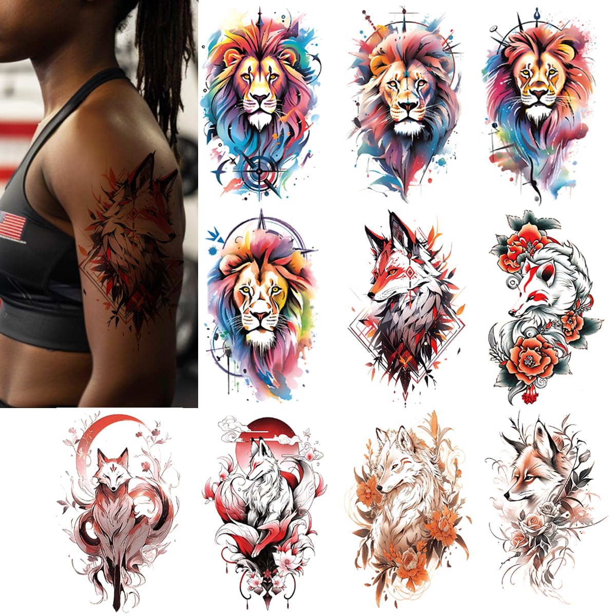 Temporary Tattoos for Women Men Teens 10 Sheets Large Watercolor Lion Fox Tattoo Stickers Realistic