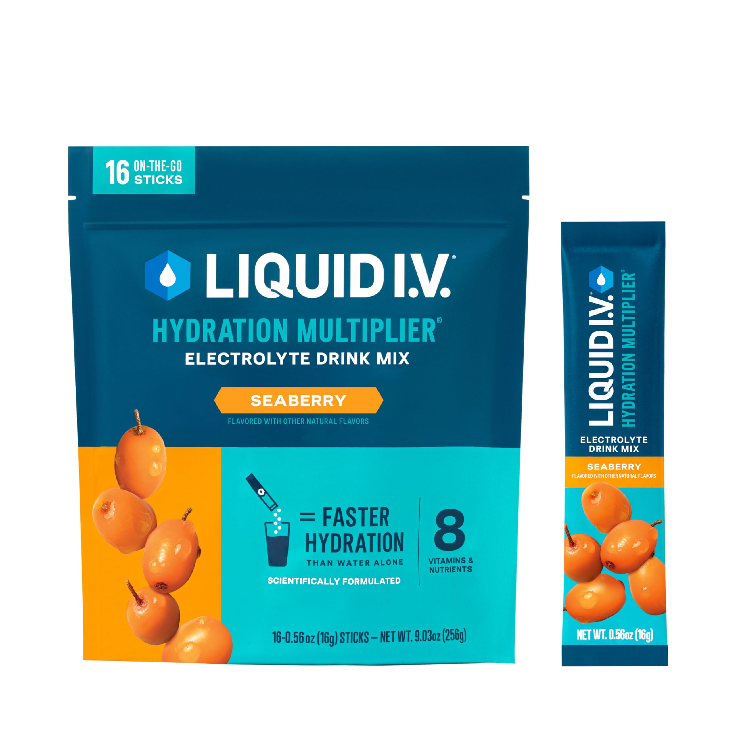 Liquid I.V.Hydration Multiplier® - Seaberry - Hydration Powder Packets | Electrolyte Powder Drink Mix | Convenient Single-Serving Sticks | Non-GMO | 16 Servings (Pack of 12)