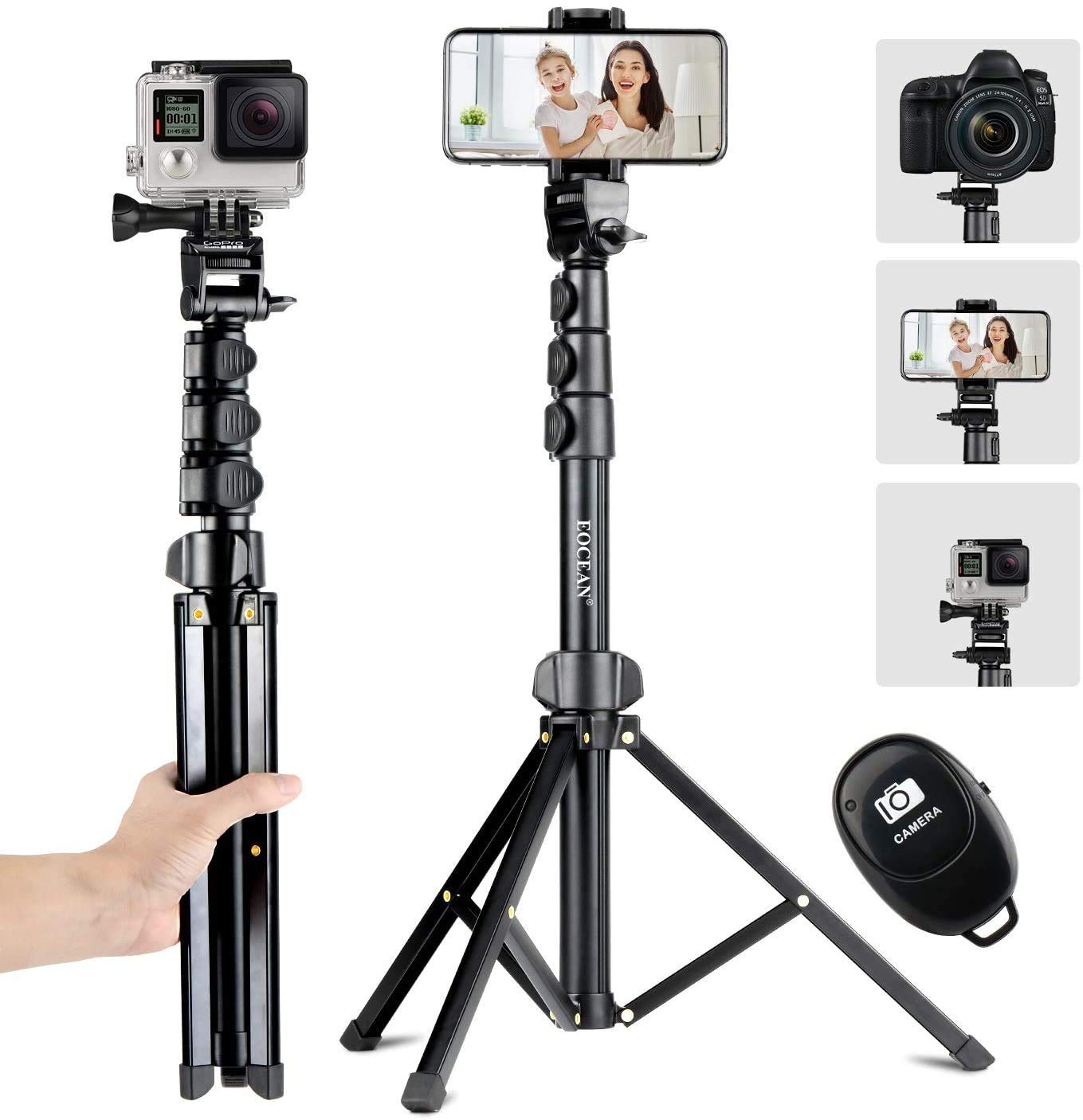 Eocean 142cm Selfie Tripod for iPhone, Mobile Tripod Phone Tripod Stand for Video Recording, Travel Selfie Stick iPhone Tripod With Remote