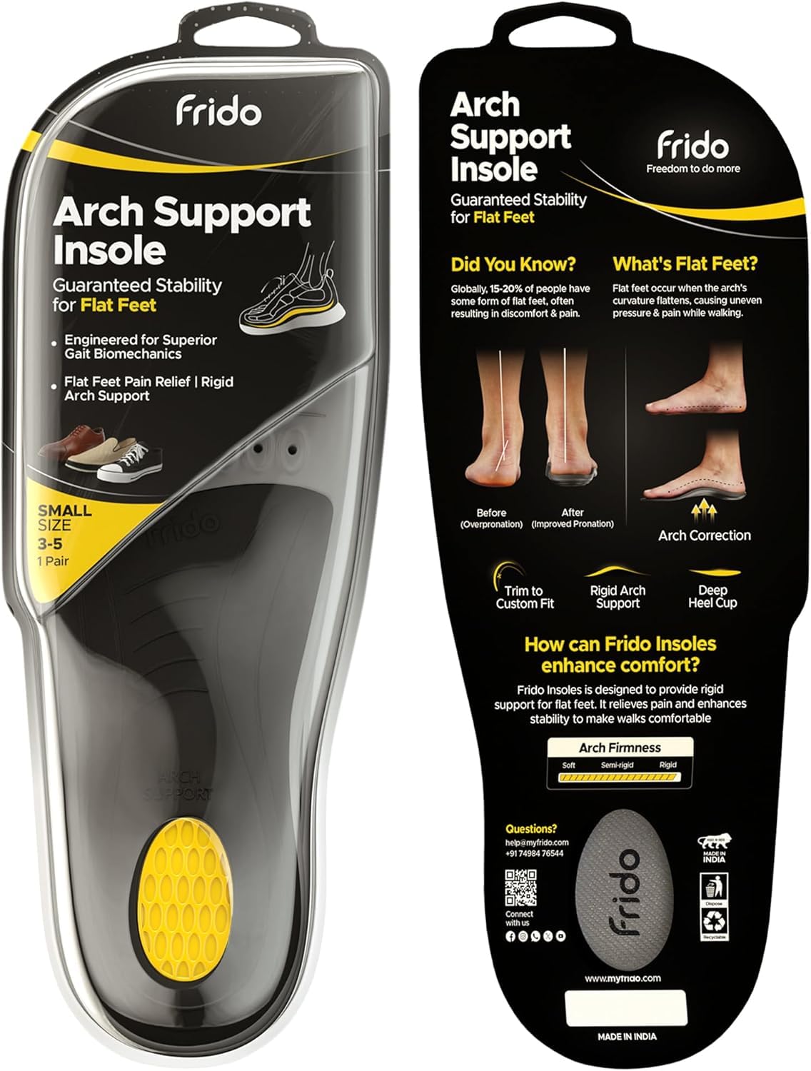 Frido Rigid Arch Support Insole for Flat Feet, Relieves Feet Pain, Plantar Fasciitis & Heel Spurs, Orthotic Inserts for Enhanced Stability, Trimmable Shoe Inserts, Small 3-5 UK, Pack of 1