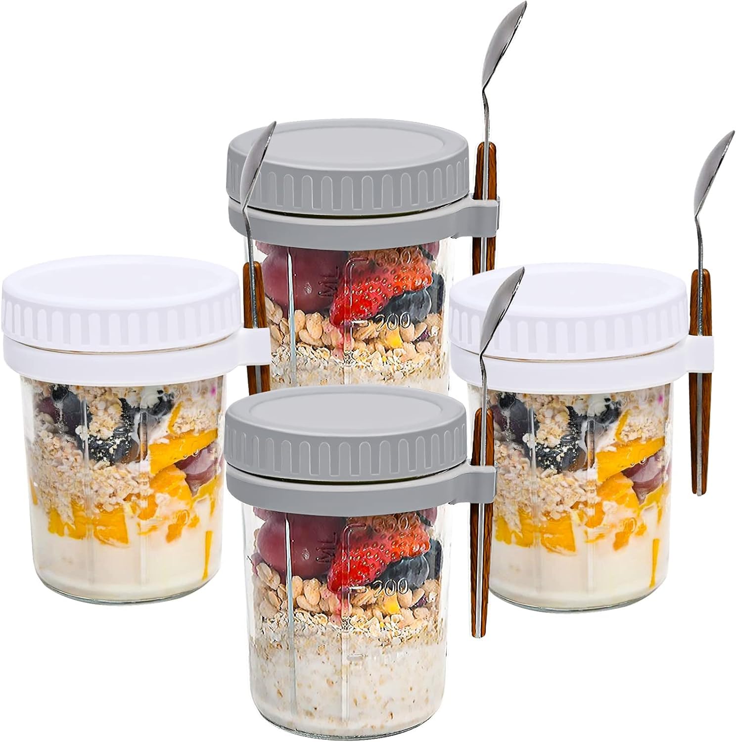 Mason Jars for Overnight Oats: 4 Pack Overnight Oats Containers with Lids and Spoons - 480ml Glass Food Storage Containers for Milk, Cereal, Fruit - Oatmeal Jars/Canning Jars/Food Jars & Canisters