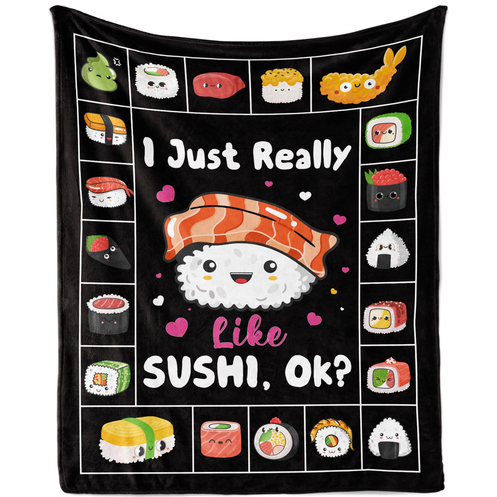 Sushi Blanket, Sushi Printed Throw Blanket for Adults, I Just Really Like Sushi ​Blanket Gifts for Sushi Lovers, Soft Cozy Cartoon Japanese Sushi Blanket Food Throw for Bed Sofa Couch, 150x200cm