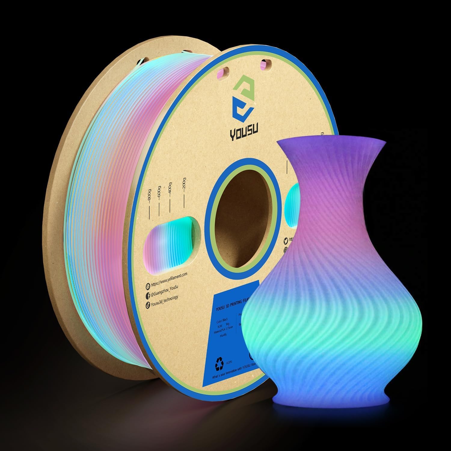 YOUSU 3D Printer Filament,Glow in The Dark PLA Filament 3D Printing Filament 1.75mm 1kg(2.2lbs) Spool,Rainbow Color