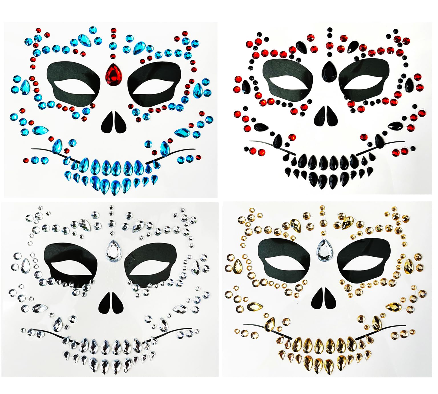 4-Pack Day Of The Dead Face Gems,Halloween Temporary Face Tattoos, Rhinestone Face Jewels Stickers