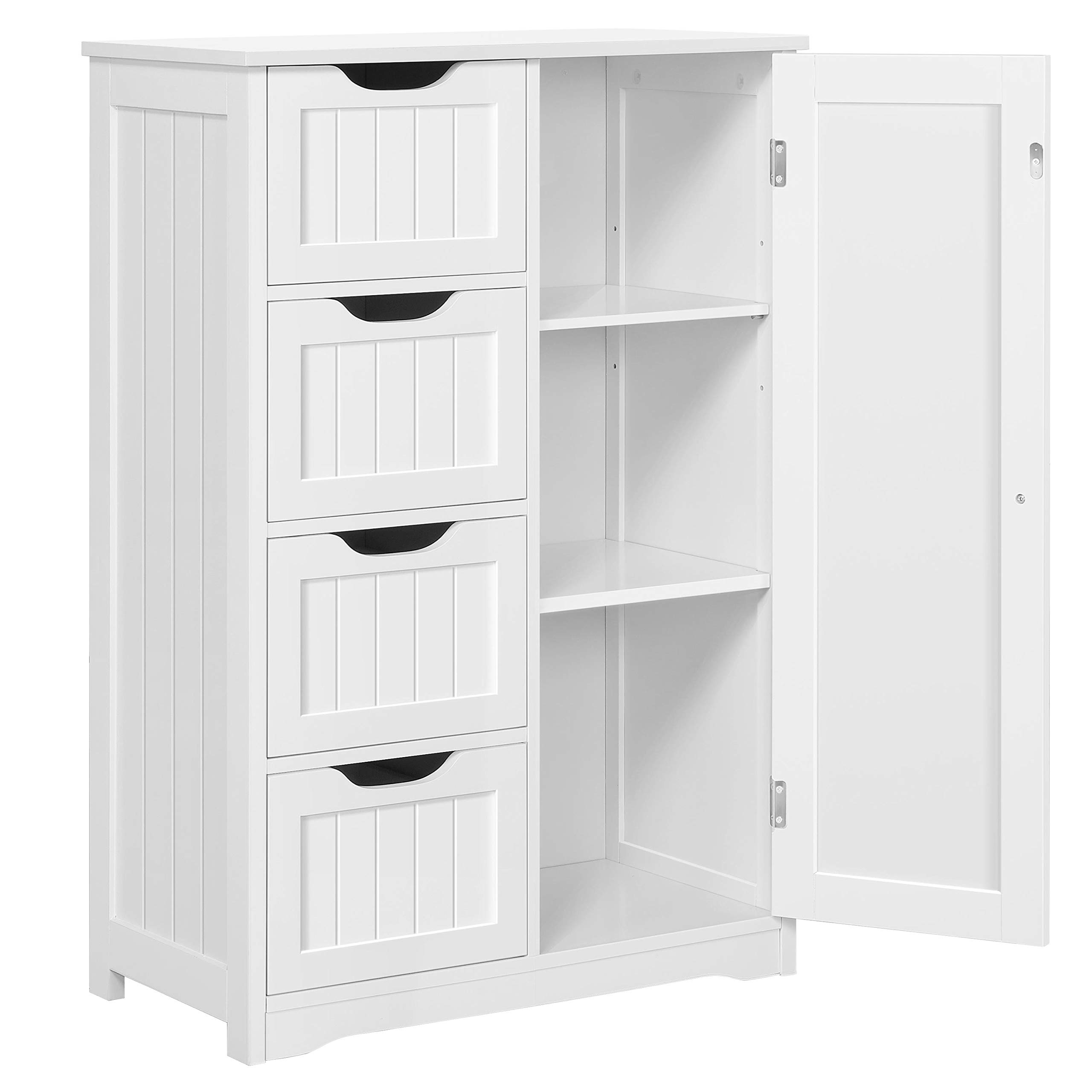 costoffs Bathroom Floor Cabinet, Wooden Storage Cupboard Unit with 4 Drawers, Adjustable Shelves, for Living Room, Kitchen, Hallway, White