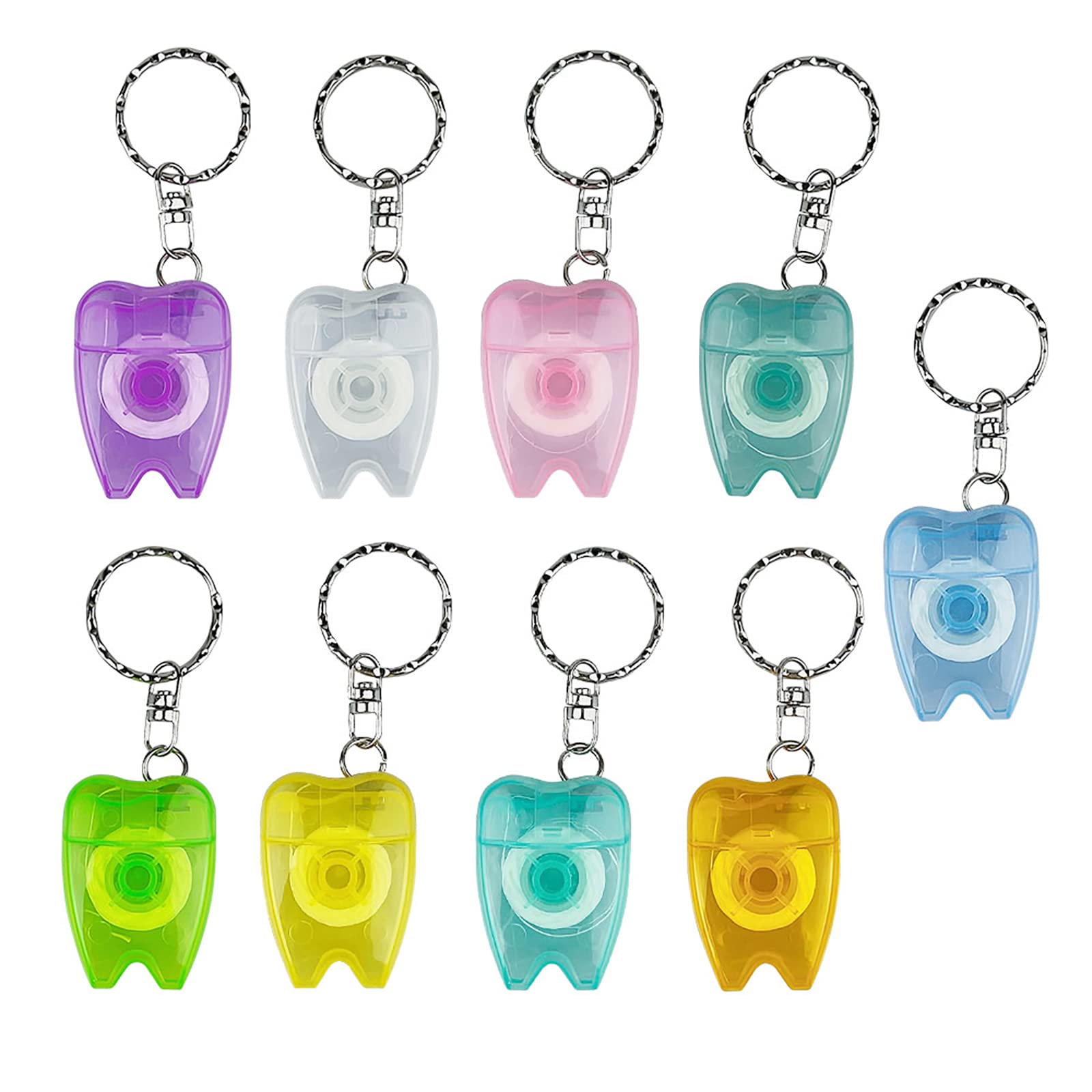 YOUYA DENTAL 10Pcs Portable Cleaning Mint Dental Teeth Floss Tooth Shaped Key Chain Flat-Line Design Floss Roll Cleaning Oral Care Tooth Cleaner Hygiene 15M Length- Random Color