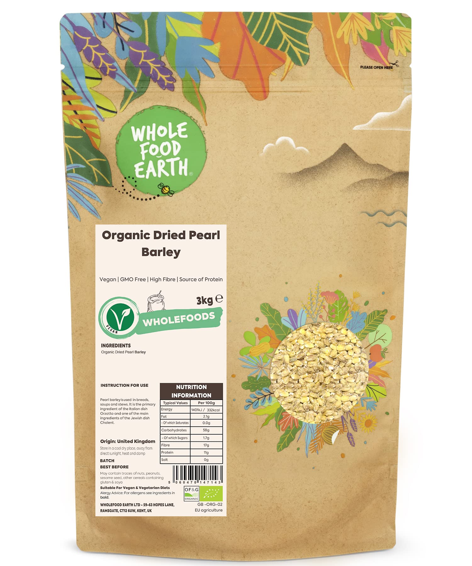 Wholefood EarthOrganic Dried Pearl Barley 3kg Vegan | GMO Free | High Fibre | Source of Protein | Certified Organic