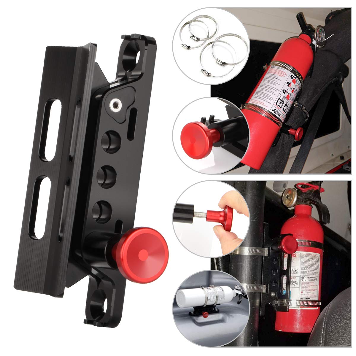 Adjustable Aluminum Roll Bar Bottle/Fire Extinguisher Mount Holder with 4 Clamps Vehicle Fire Extinguisher Bracket for Jeep Wrangler TJ JK JL JKU UTV Polaris RZR Ranger (Black Roll Bar Holder)