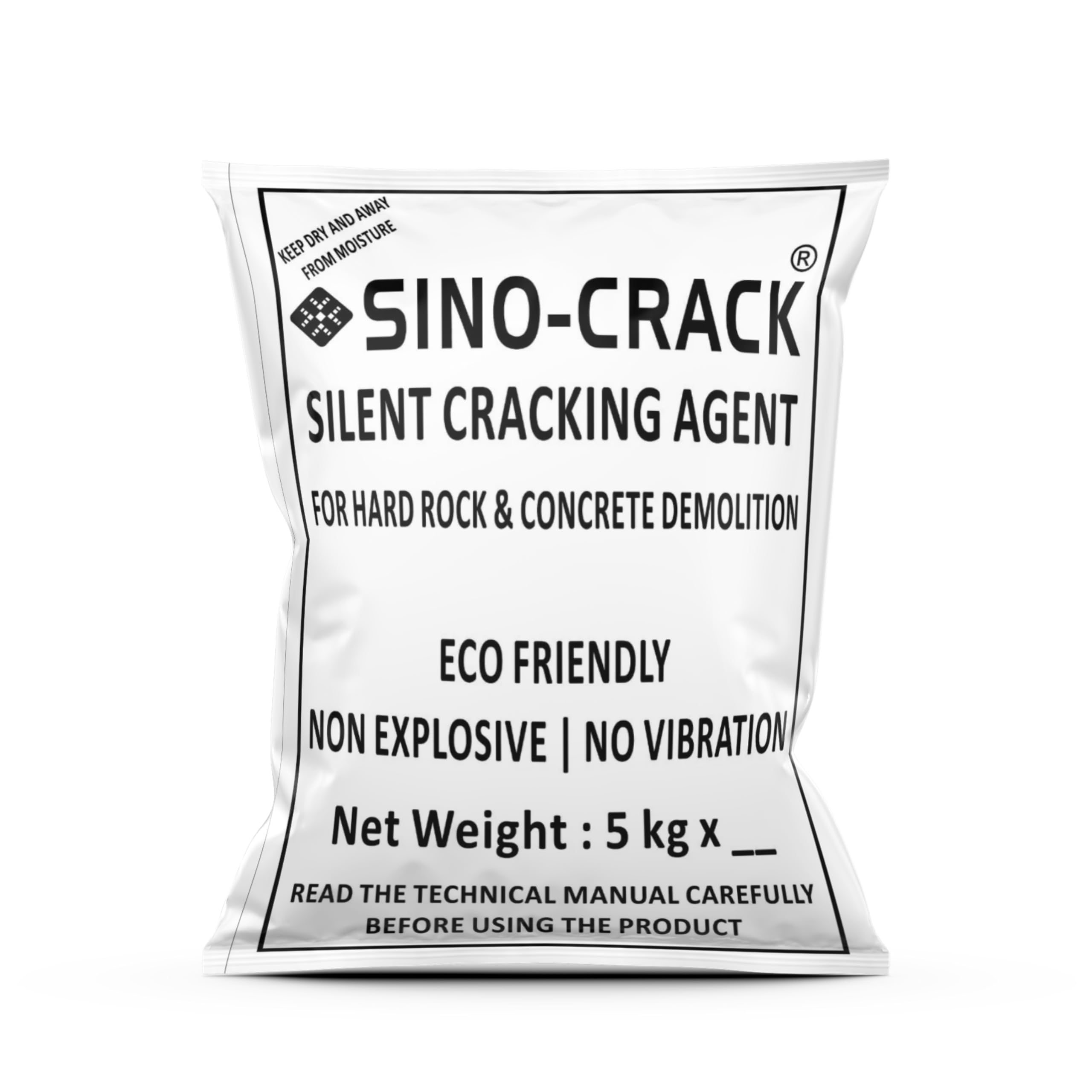 SINO CRACK 10 Kg (Stone Cracking Powder for Hard rock demolition & concrete Cutting, Non explosive demolition chemical, Soundless Expansive Mortar, No vibration, no noise)