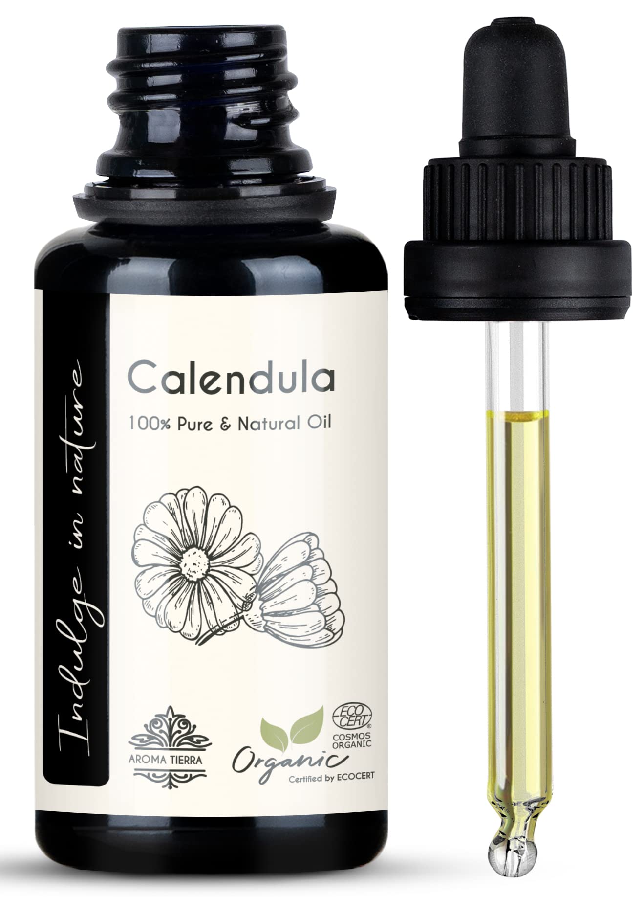 Aroma Tierra Calendula Oil - 100% Pure & Organic - For Face, Skin, Hair & Body - Soothing & Healing - 30ml