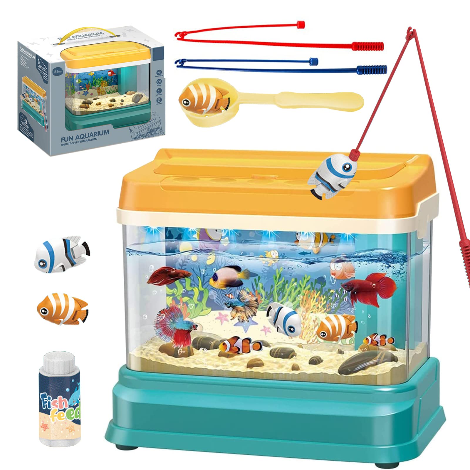 AM ANNAMini Aquarium Toy for Kids,Fishing Toys Artificial Fish Tank with Fake Fish*2 with USB Light and Music Fishing Rod Fishing net,Toy Gift for Boys and Girls