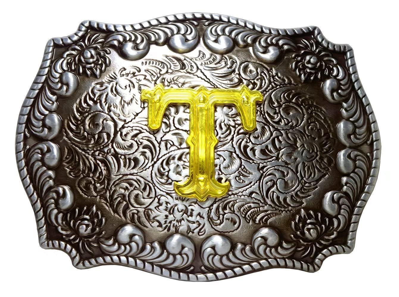 Golden Initial Letter A to Z Belt Buckle in Flower Western Cowboy Style