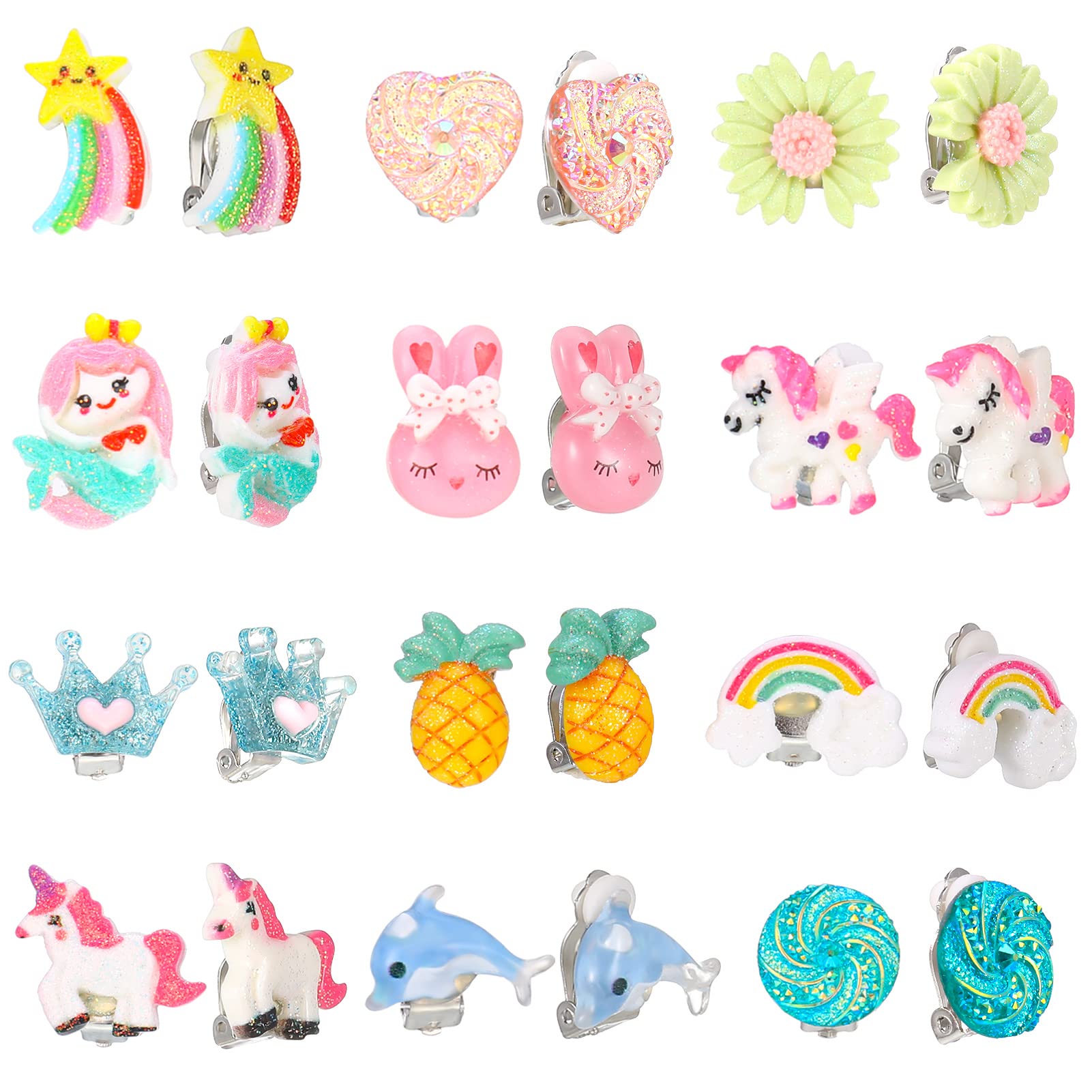 Bestomrogh 12 Pairs Kids Clip On Earrings for Girls, Cute Unicorn Flower Heart Rainbow Jewelry Dress Up Earrings, No Pierced Play Earrings Set for Kids