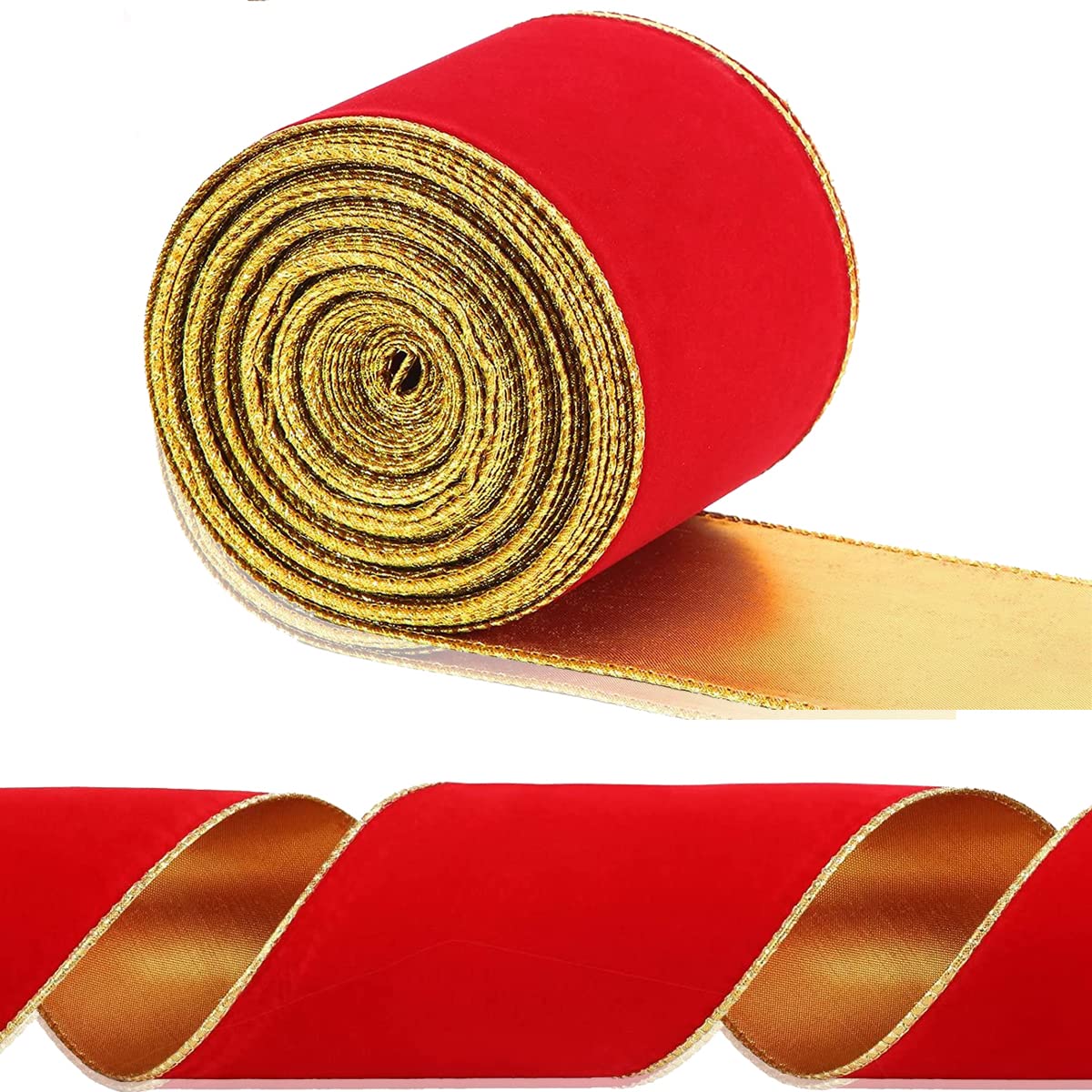 Christmas Ribbon, Wired Velvet Christmas Tree Ribbon with Gold Edge 2.5in X 10 Yard, Velvet Christmas Ribbon for Christmas Decor Gift Packaging Xmas Wreath Crafts Party Decoration