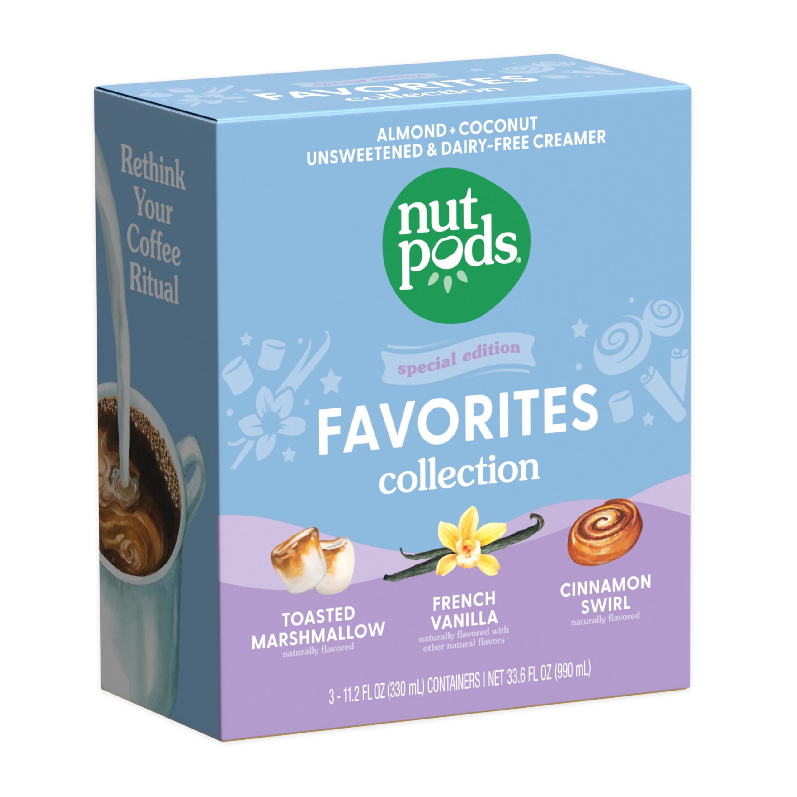 nutpodsFavorites Collection - Unsweetened Non Dairy Creamer - Toasted Marshmallow, French Vanilla and Cinnamon Swirl - Keto Creamer, Whole30, Gluten Free, Non-GMO, Vegan, Sugar Free, Kosher