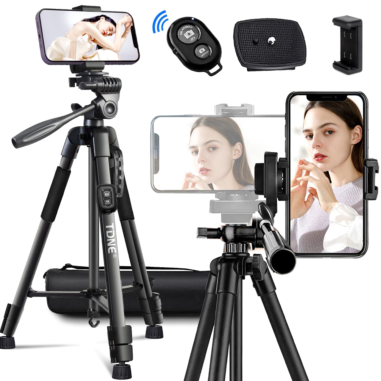 TDNE 360° Aluminum Tripod for Iphone, 55IN/140CM Extendable Iphone Tripod Stand with Carry Bag & Wireless Remote & Phone Holder, Portable Phone Tripod for Video, Recording