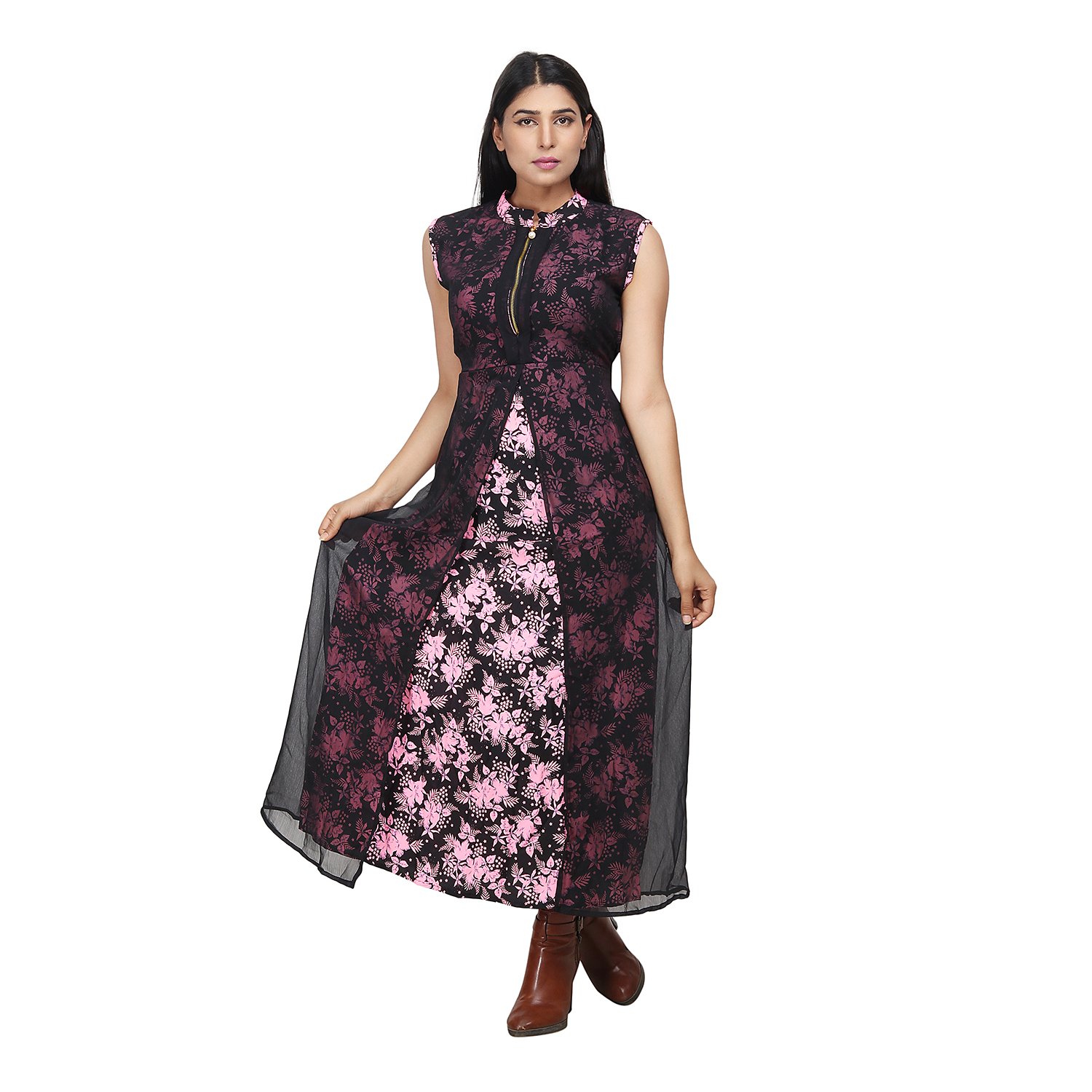 Shyammc Printed Crepe Long Maxi Zip Dress with Georgette for Women's