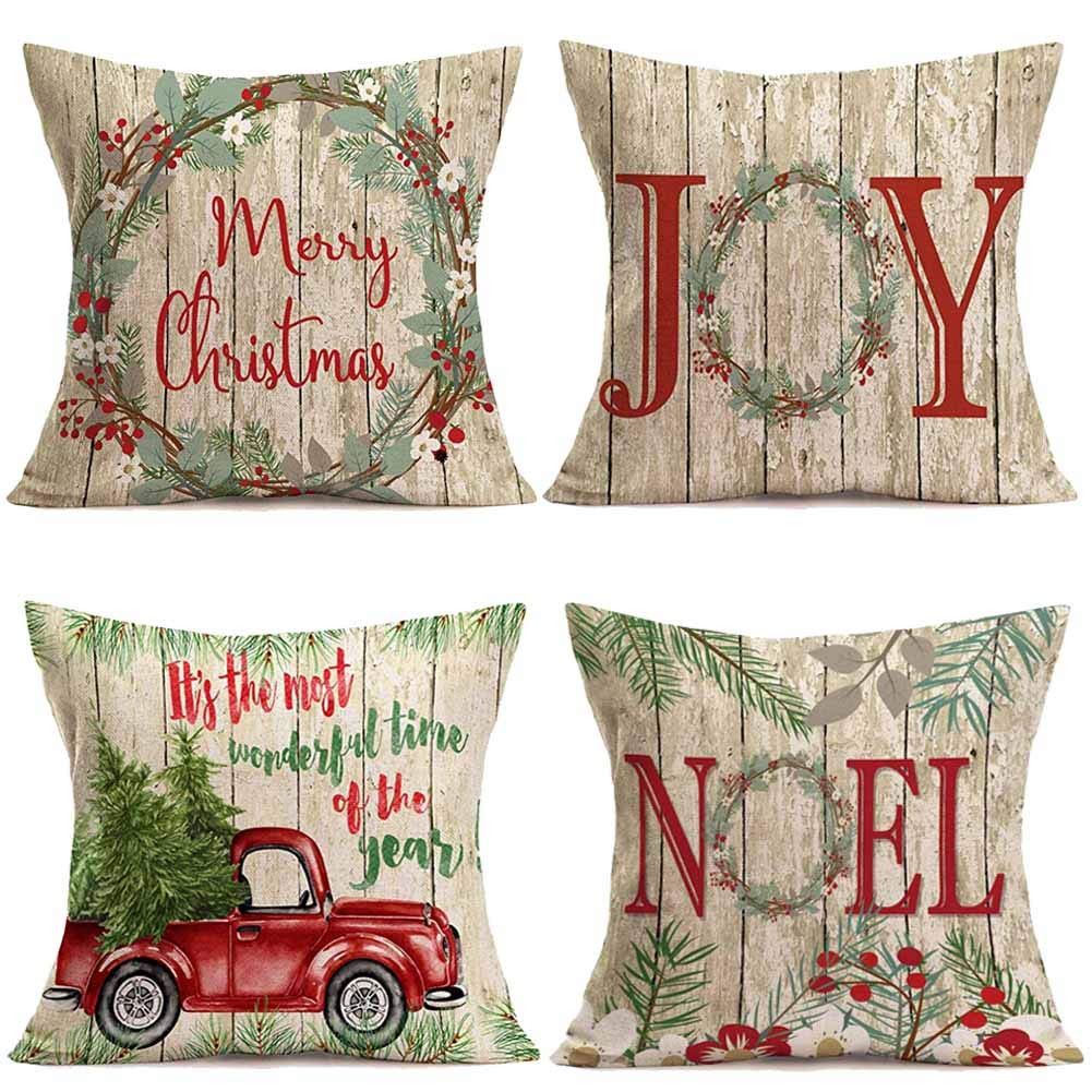 Qinqingo Retro Flower Wreath & Wood Grain Background Merry Christmas Quote Pillow Covers 18 X 18 Cotton Linen Throw Pillowcase Xmas Red Car Tree Cushion Cover Home Office Decorative Set of 4 (BOG09)