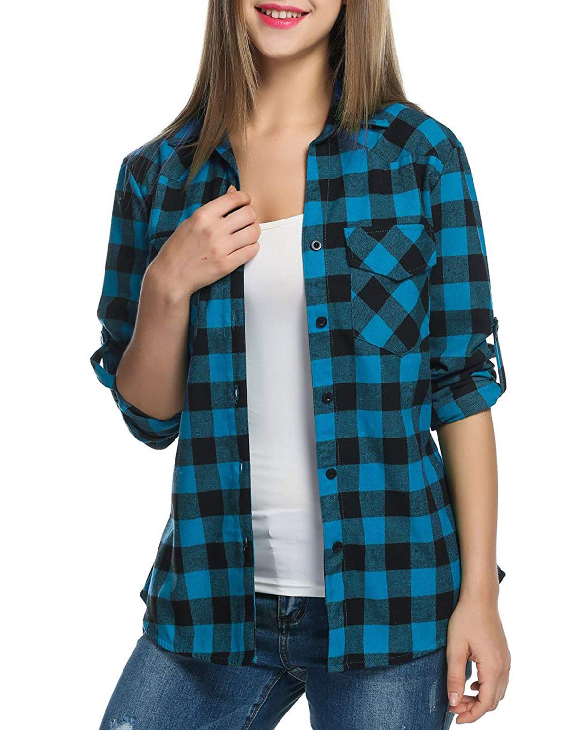 Genhoo Womens Flannel Shirts Roll Up Long Sleeve Plaid Shirt Collared Button Down Gingham Casual Top S-4XL