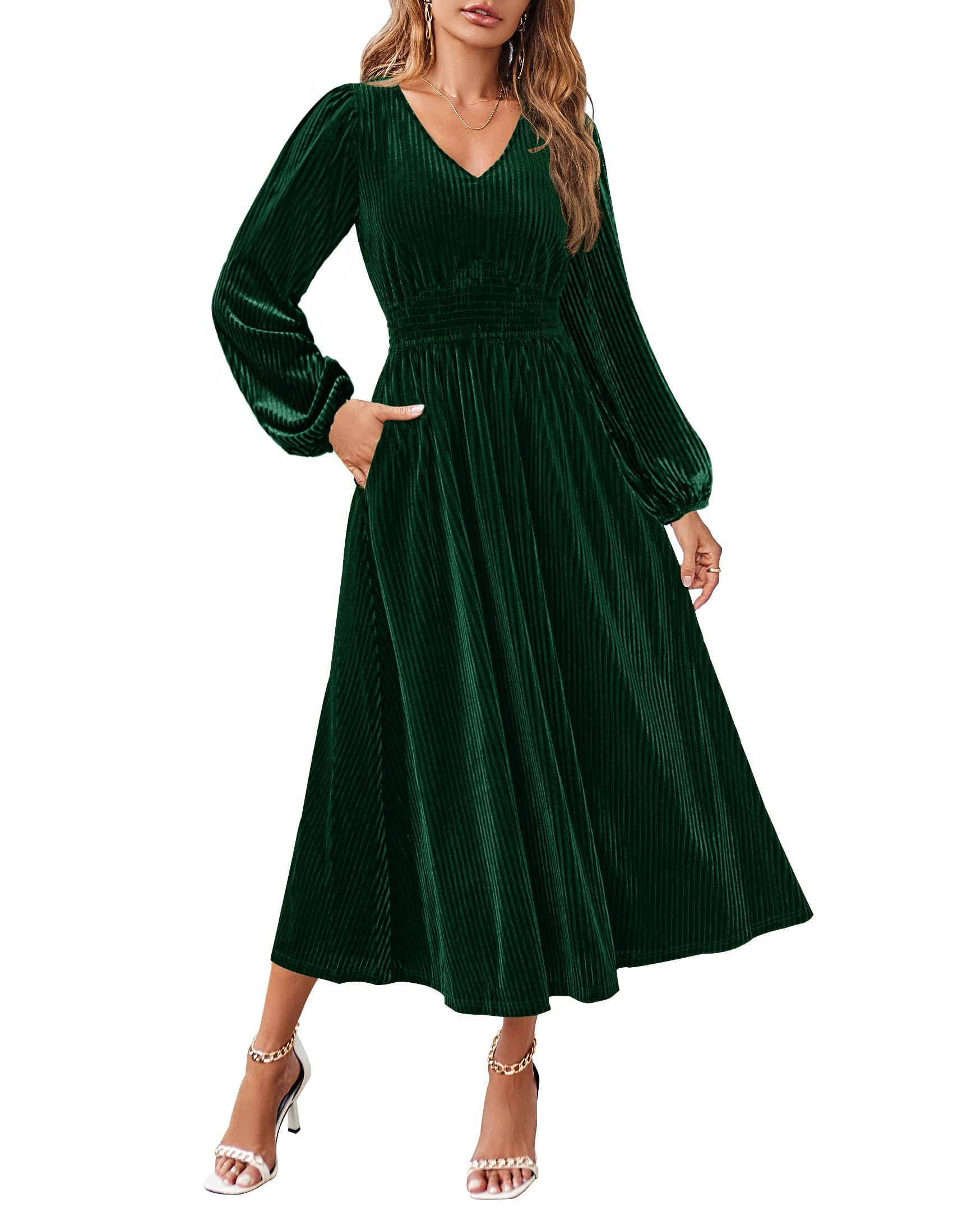 ZESICAWomen's Velvet Midi Dress Casual V Neck Long Sleeve Solid Color Elastic High Waist Flowy Evening Party Dresses