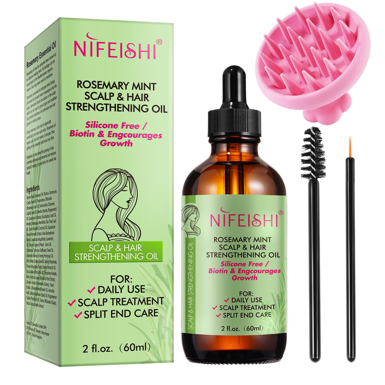 NIFEISHI Rosemary Oil for Hair Growth & Strengthening, Organic 60ml, Rosemary Mint Essential Oil for Scalp, Hair , Eyelashs, Eyebrows, Skin, Body Massage