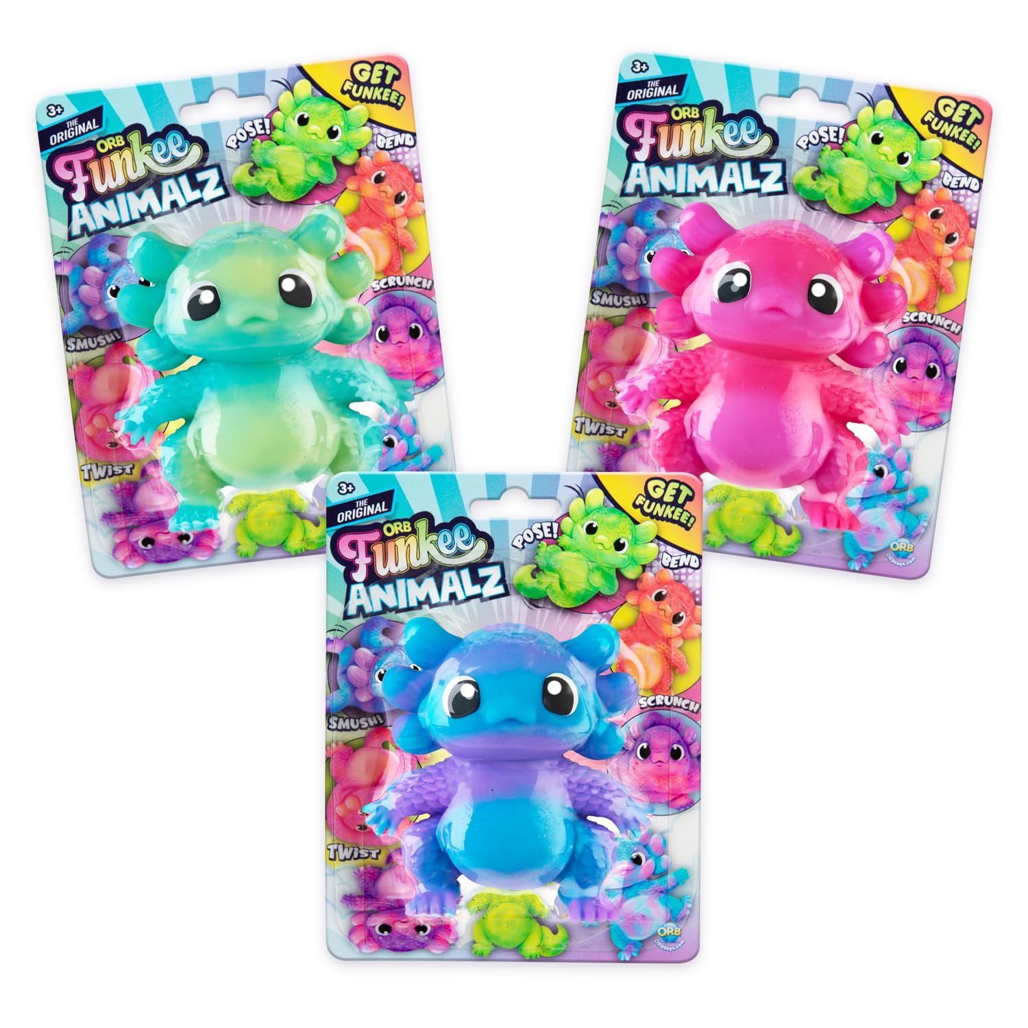 ORB Funkee Animalz MEGA Axolotl 3 Pack - Adorable, Funny, Stretchy, and Squishy Axolotls, Perfect to Squeeze for Stress Relief - Original Sensory / Fidget Collectible Toy Animals for Kids and Adults