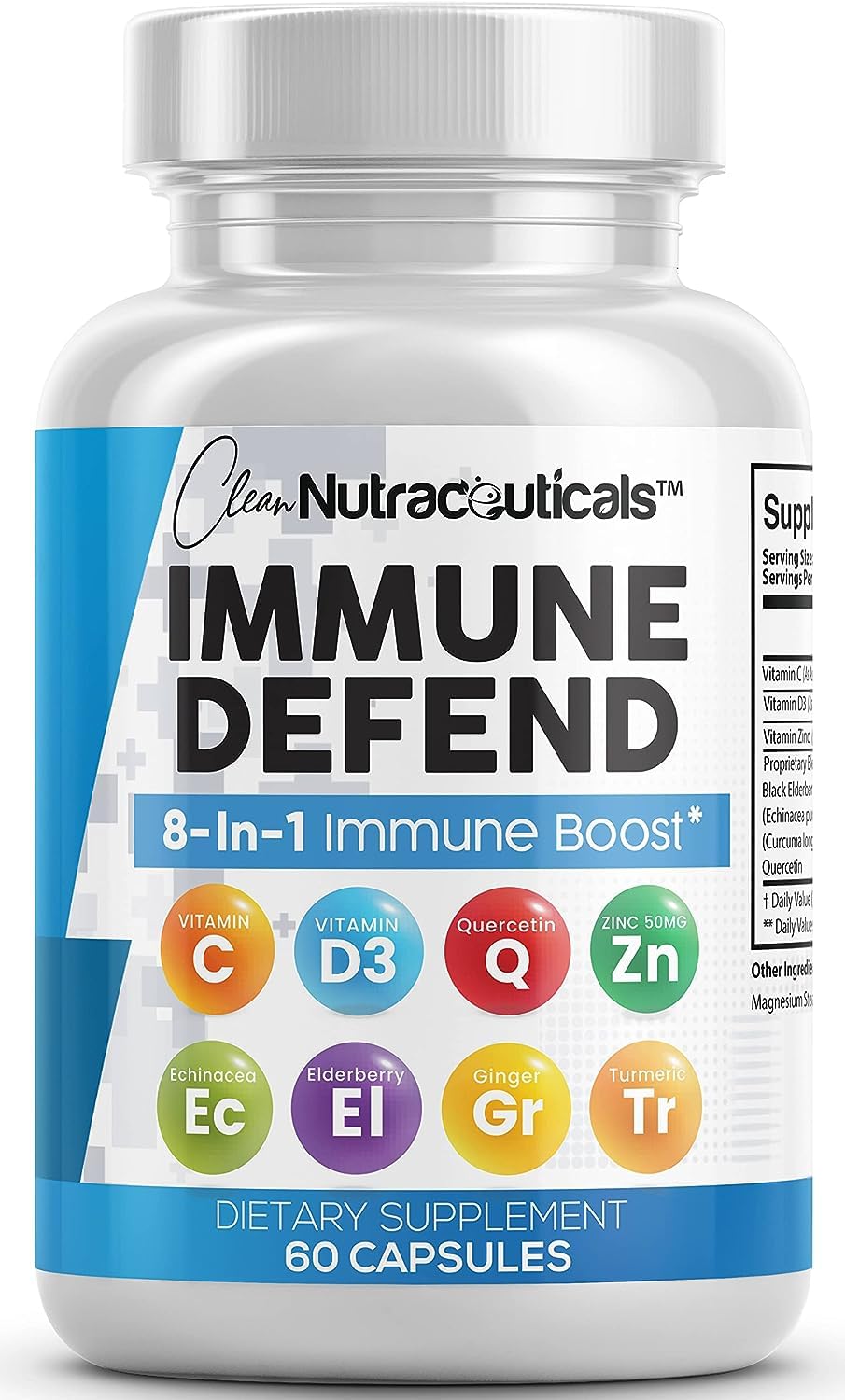 Clean Nutraceuticals Immune Defense Support Supplement 8 in 1 w/Zinc 50mg Quercetin, VIT C 1000mg, Vitamin D3 5000 IU, Elderberry, Turmeric, Echinacea, Immunity System Booster Adults Vegan, 60Ct (USA)