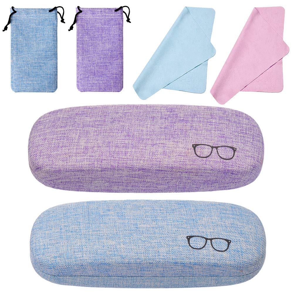 2 Pack Hard Shell Eyeglasses Case, Linen Fabric Protective Glasses Case with Drawstring Pouch Cleaning Cloth for Glasses Storage