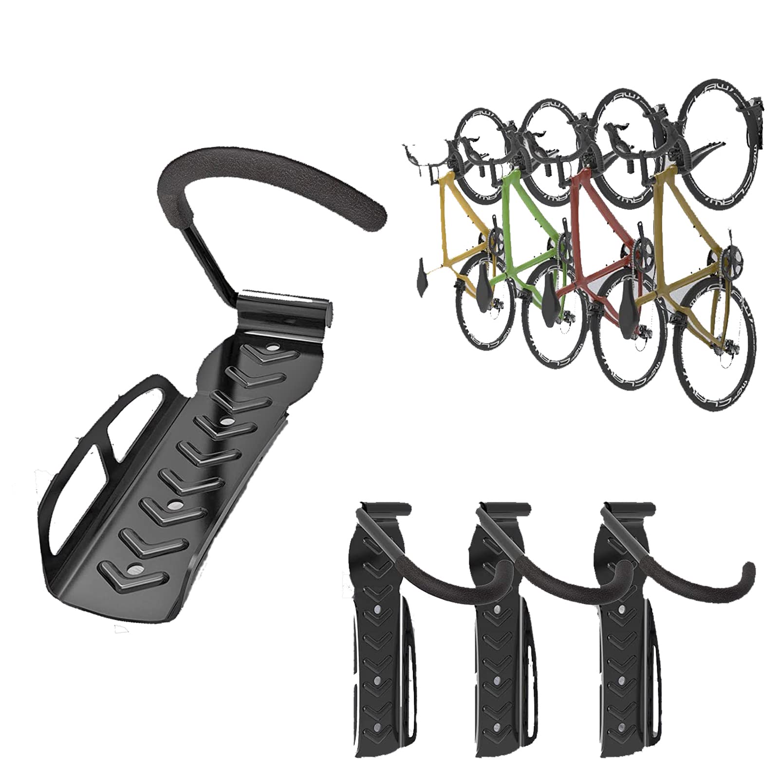 4 Pack Bike Rack Garage Hooks Bike Wall Mount Organizer Hanging for Indoor Shed Easily Hang Heavy Duty 60 lbs for Road Mountain Hybrid Bikes with 4 Rack Straps Easy Installation