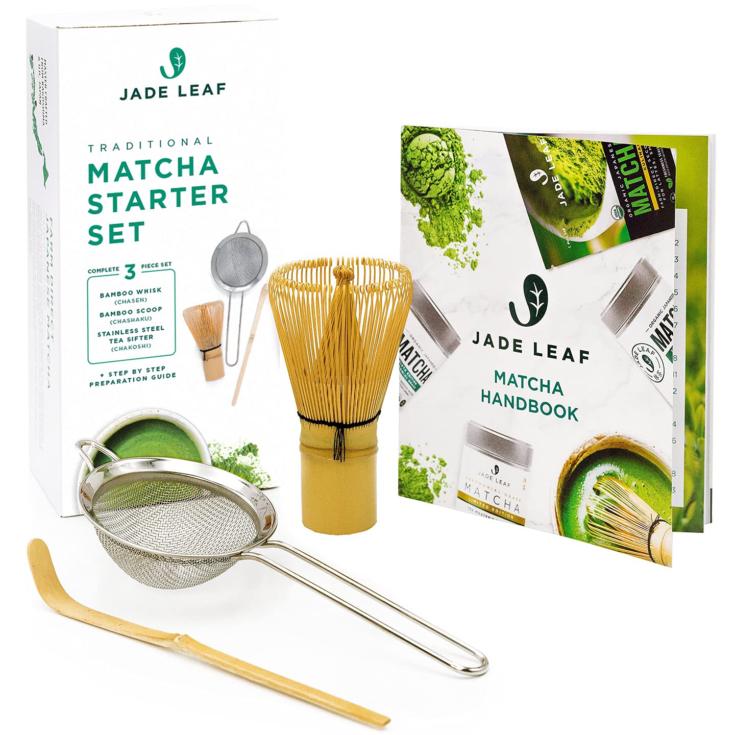 Jade Leaf Matcha Traditional Starter Set - Bamboo Matcha Whisk (Chasen), Scoop (Chashaku), Stainless Steel Sifter, Fully Printed Handbook - Japanese Tea Set