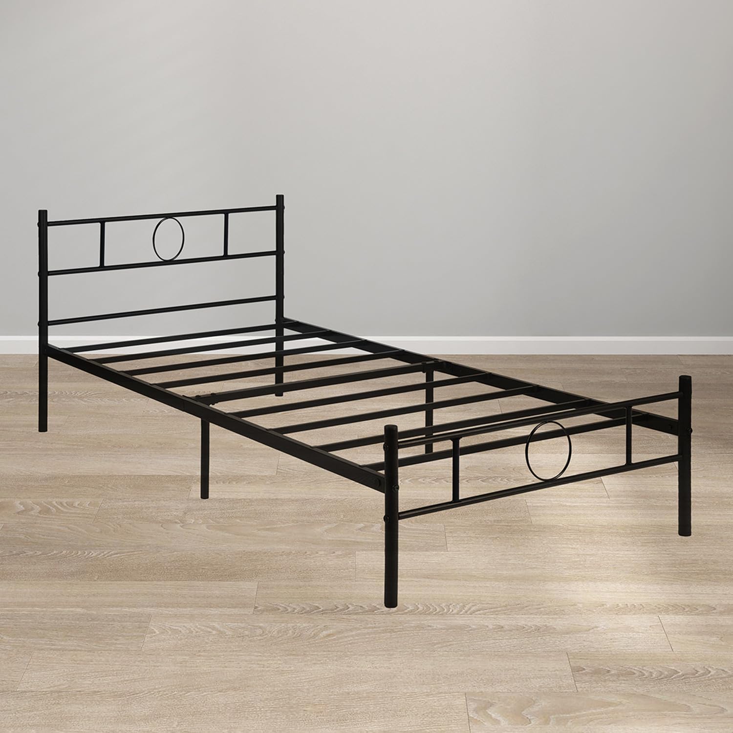 FurnitureR Single bed metal frame,metal bed for teenagers/adults, Industrial iron bed suitable for bedroom, student dormitory and other multiple scenes, with circle-shaped decoration,Black