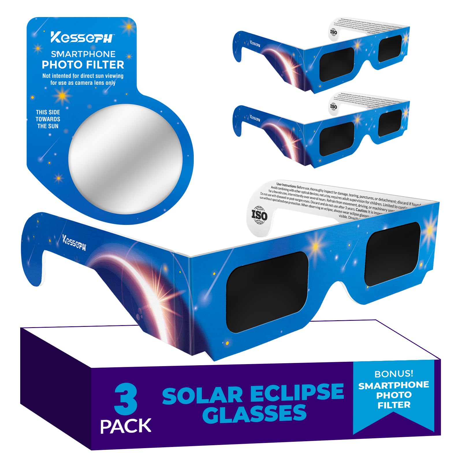 Solar Eclipse Glasses Approved 2024, (3 Pack) CE and ISO Certified Solar Eclipse Observation Glasses, Safe Shades for Direct Sun Viewing, Bonus Smartphone Photo Filter Lens, Blue Stars Design