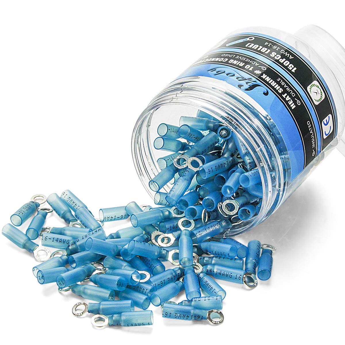 150PCS Heat Shrink Crimp Ring Connectors #10 Blue 16-14 AWG - Sopoby Electrical Ring Terminals - Heat Shrink Wire Connector Kit - Automotive, Marine, Audio, Industrial