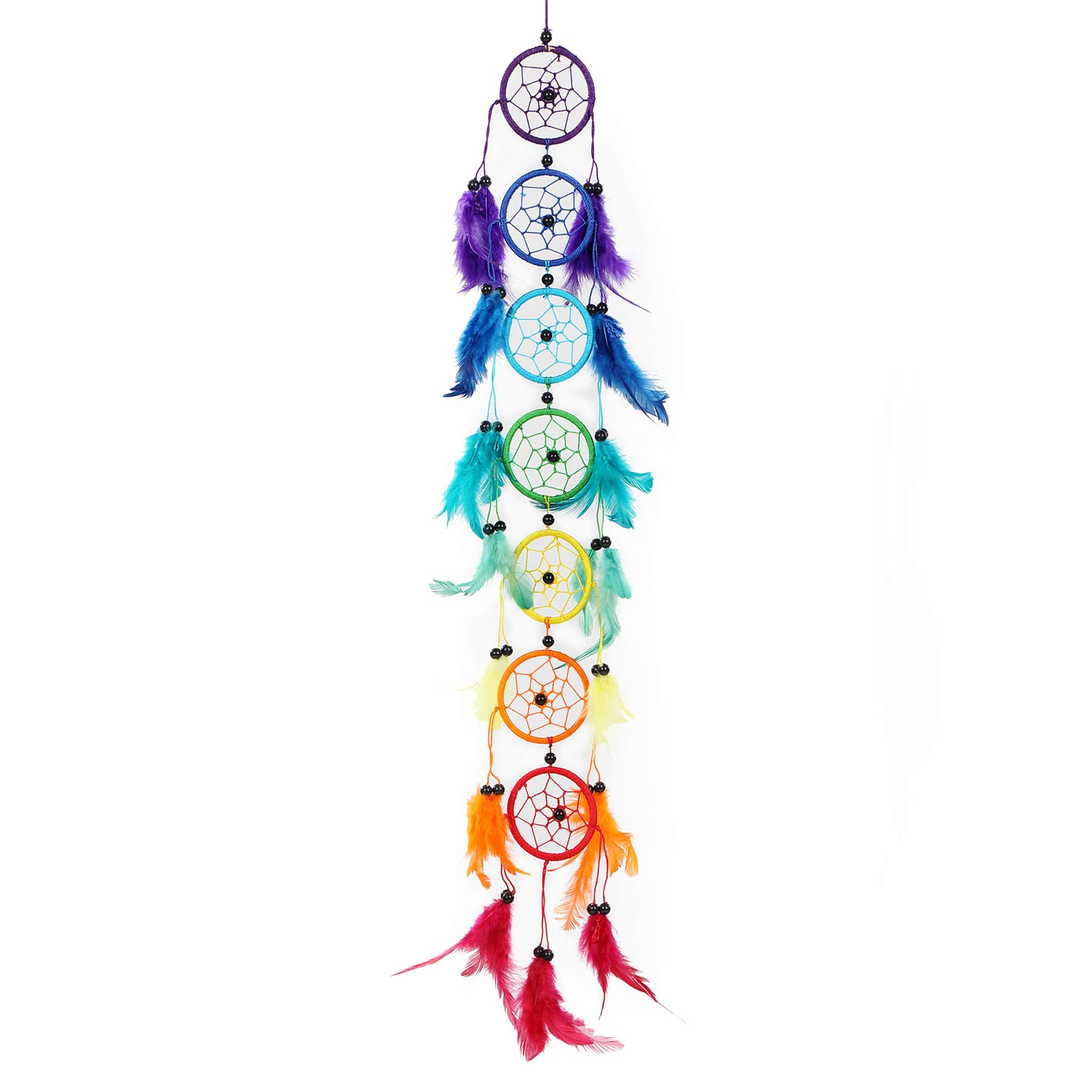 Pink Pineapple Long Handmade Bohemian Dream Catcher: Ethical Hanging Dreamcatcher Wall Art with Multicoloured Rainbow Feathers and Beads Traditional Crochet 7 Chakra Design - 6cm Wide, 50cm Long