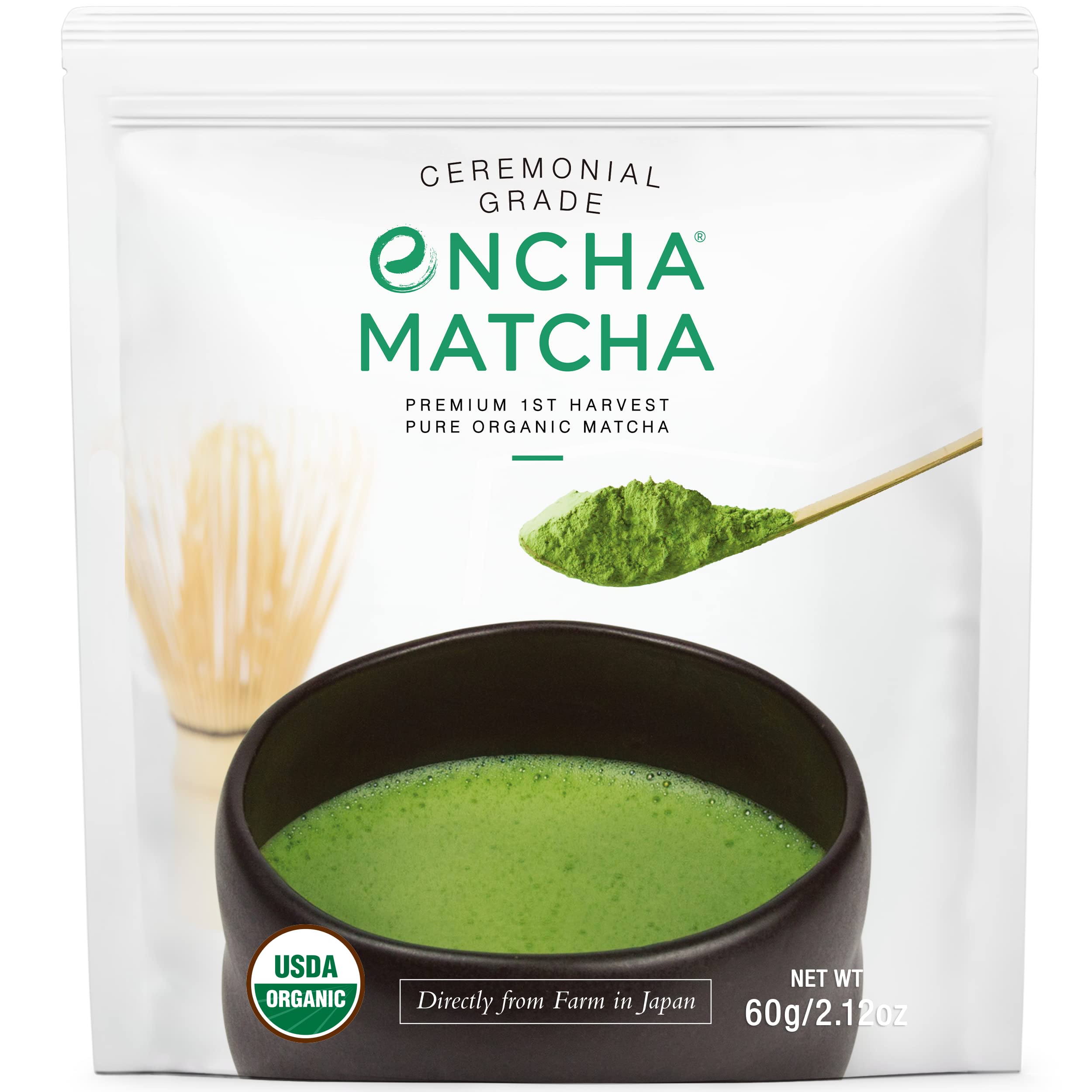 EnchaCeremonial Grade Matcha Powder - First Harvest Organic Japanese Matcha Green Tea Powder, From Uji, Japan (60g/2.12oz)